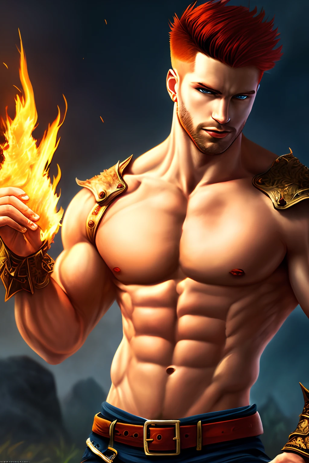 (masterpiece)), ((best quality)), ((highres)),Rogue,Red Hair,man, handsome, muscular, fire daggers,fantasy, art,magic,leather armor