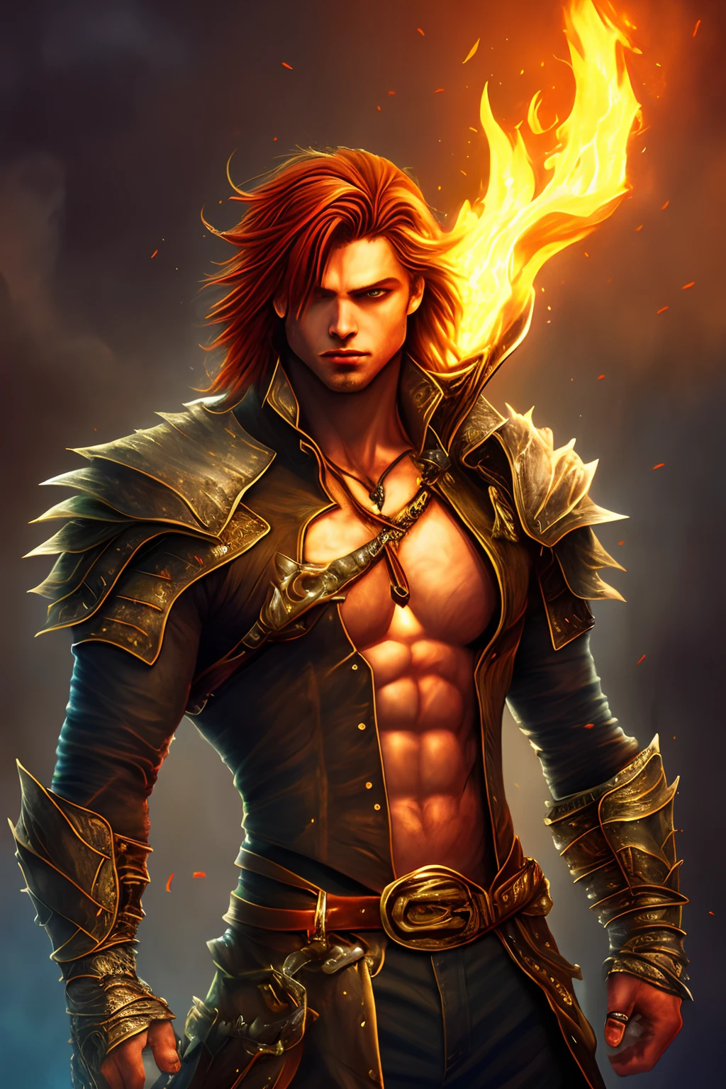 super-hero, muscular man, 25-year old, red hair, blue eyes, red and yellow pants, shirtless, with flame tattoos on arms and back, black fingerless gloves, flames bursting out of his hands,