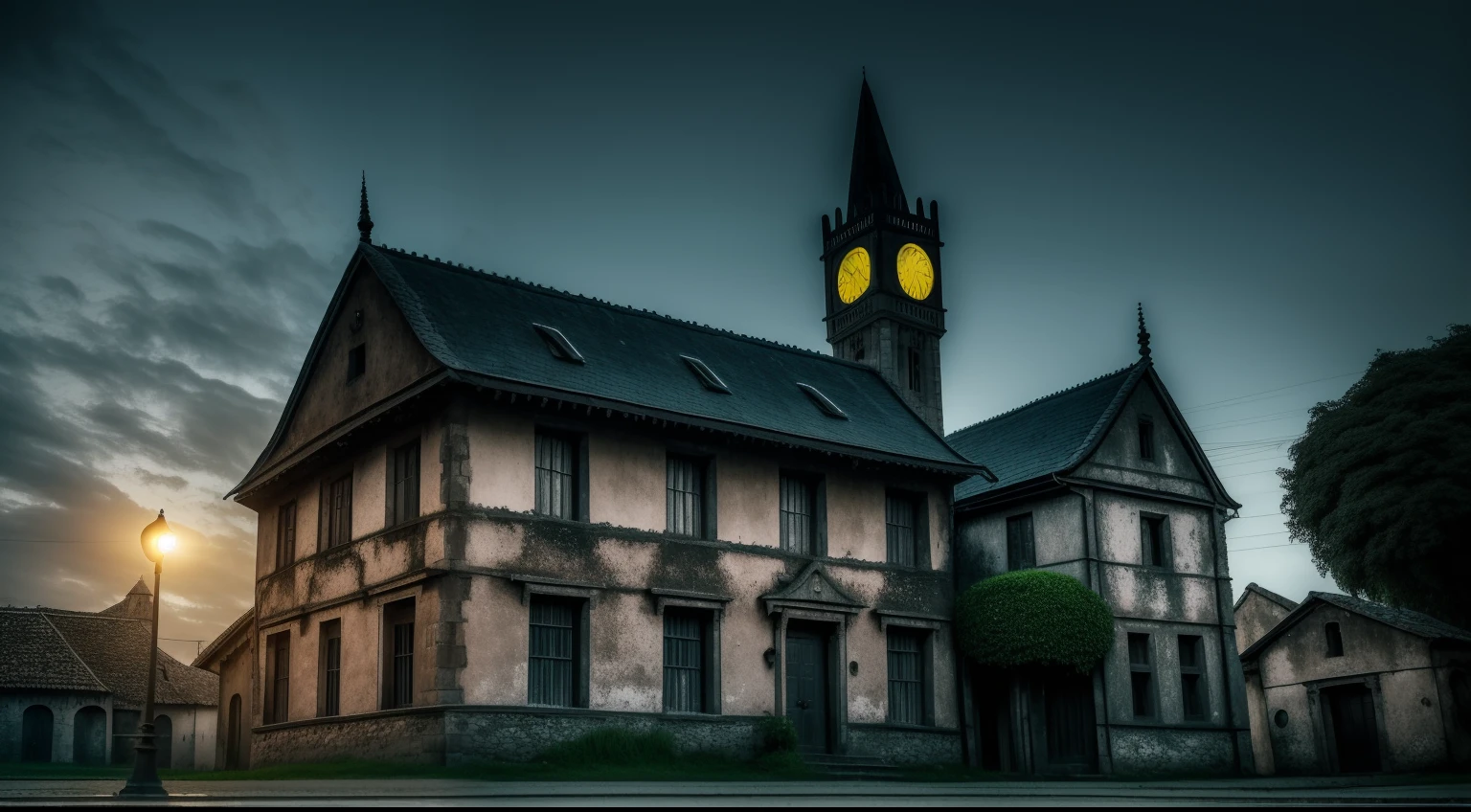 (GothicHorrorAI android), HDR, fotorrealismo, qualidade de obra-prima, melhor qualidade, assombrado village, old houses, stone bricks, clock tower, dark, night, shadows, assombrado, terror, abandonado