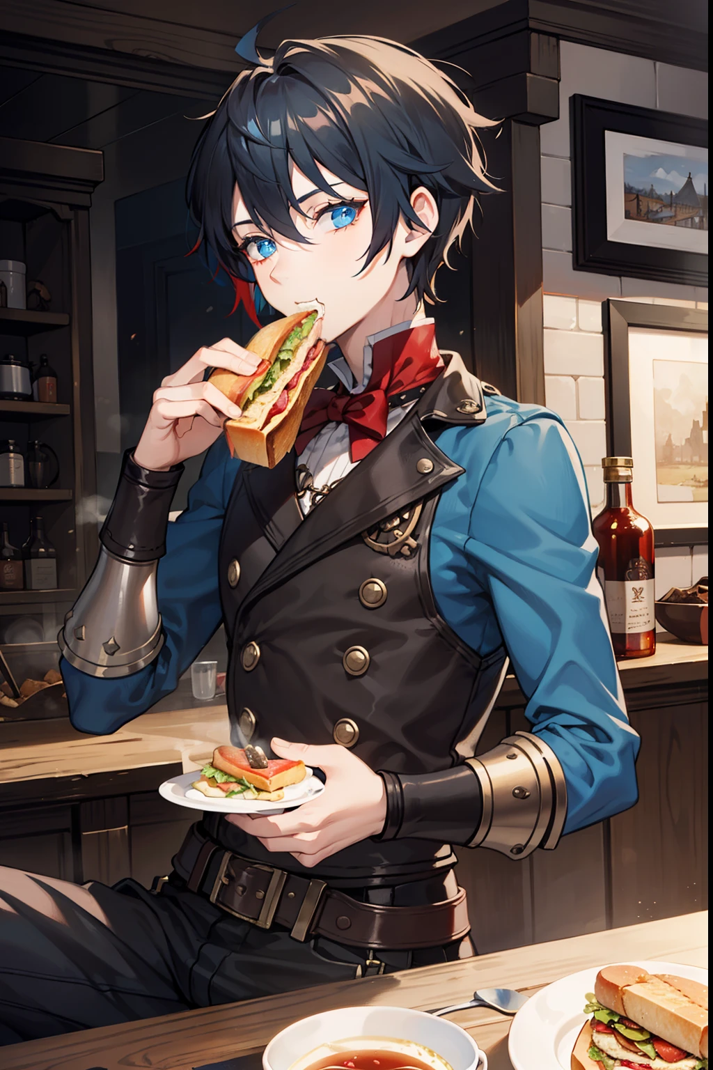 male people　A dark-haired　blue eyess　steampunc 　（ember）　short hair　Drinking tea while eating a sandwich