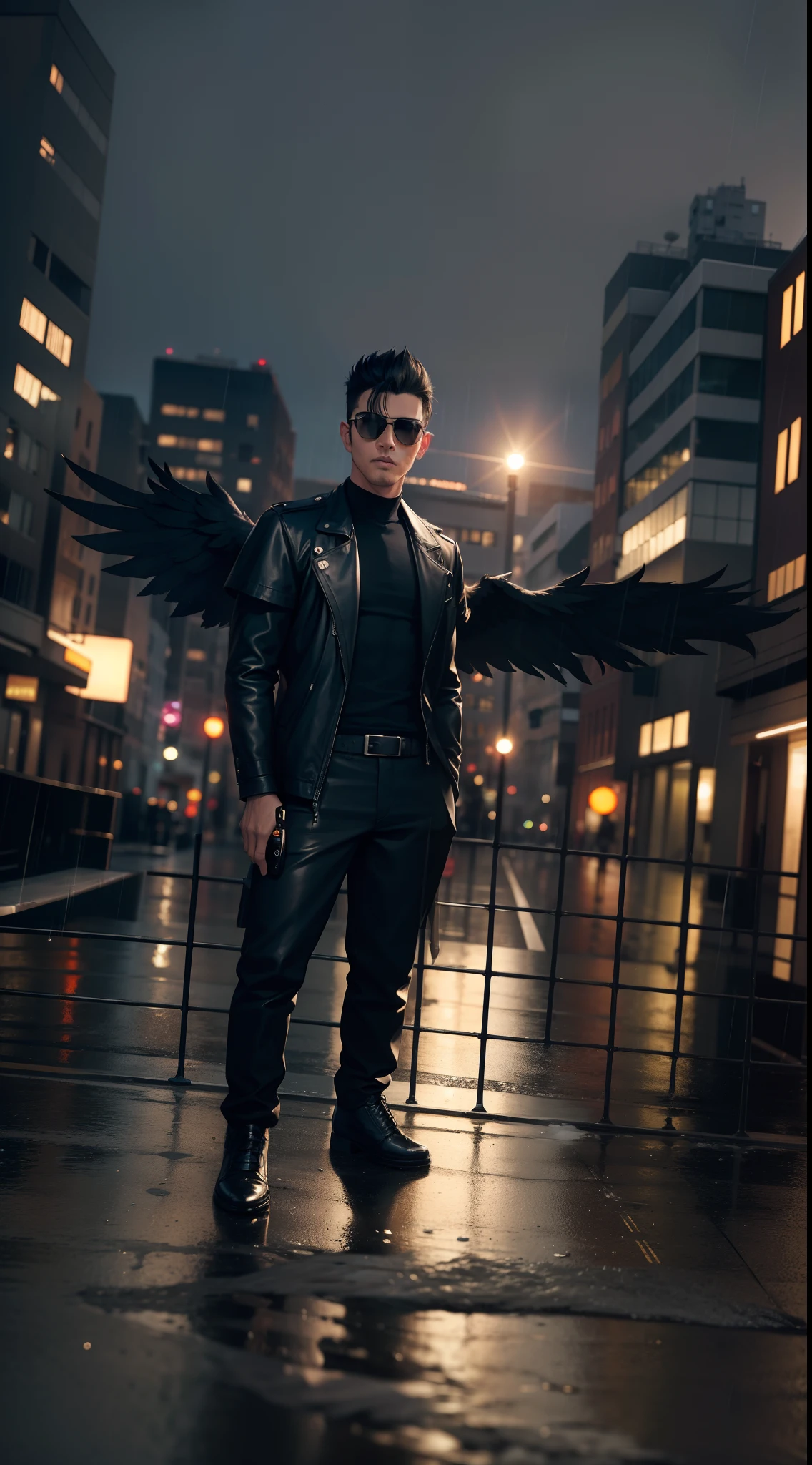 a man with wings walking down a city street in the rain, black wings instead of arms, winged boy, angel with black wings, winged human, dark angel, superhero from the boys tv show, has black wings, with large wings, young wan angel, dark feathered wings, archangel, black angel wings, black wings, profile pic, large wings, real face, with black sunglasses