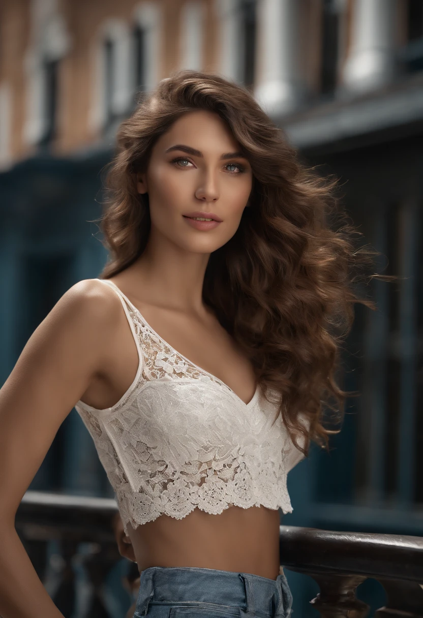 (RAW, analogue, Nikon Z 14mm ultra-wide angle lens, award-winning glamour photograph, ((best quality)), ((masterpiece)), ((realistic)), skin pores, subsurface scattering, radiant light rays, high-res, detailed facial features, high detail, sharp focus, smooth, aesthetic, extremely detailed, (extremely detailed eyes, extremely detailed iris), extremely detailed hair, extremely detailed skin, extremely detailed clothes, octane render, photorealistic, realistic, post-processing, max detail, realistic shadows, roughness, natural skin texture, real life, ultra-realistic, photorealism, photography, 8k UHD, photography, hdr, intricate, elegant, highly detailed, sharp focus, stunning, beautiful, gorgeous), (masterpiece:1.2, best quality1:1, ultra-detailed:1.2, best shadow, 8k:1.1), (massive city:1.3, rooftop:1.1, city structures below, handrails), (contrasting background, bright background), (beautiful detailed face), high contrast, (perfect illumination:1.2, beautiful color, delicate color), ((cinematic light)), colorful, hyper detail, dramatic light, intricate details, (1 girl, solo, brown hair, smiling face, short hair, wavy hair:1.1, blue eyes, dynamic angle, white tanktop, jeans, cowboy shot, arms down), depth of field