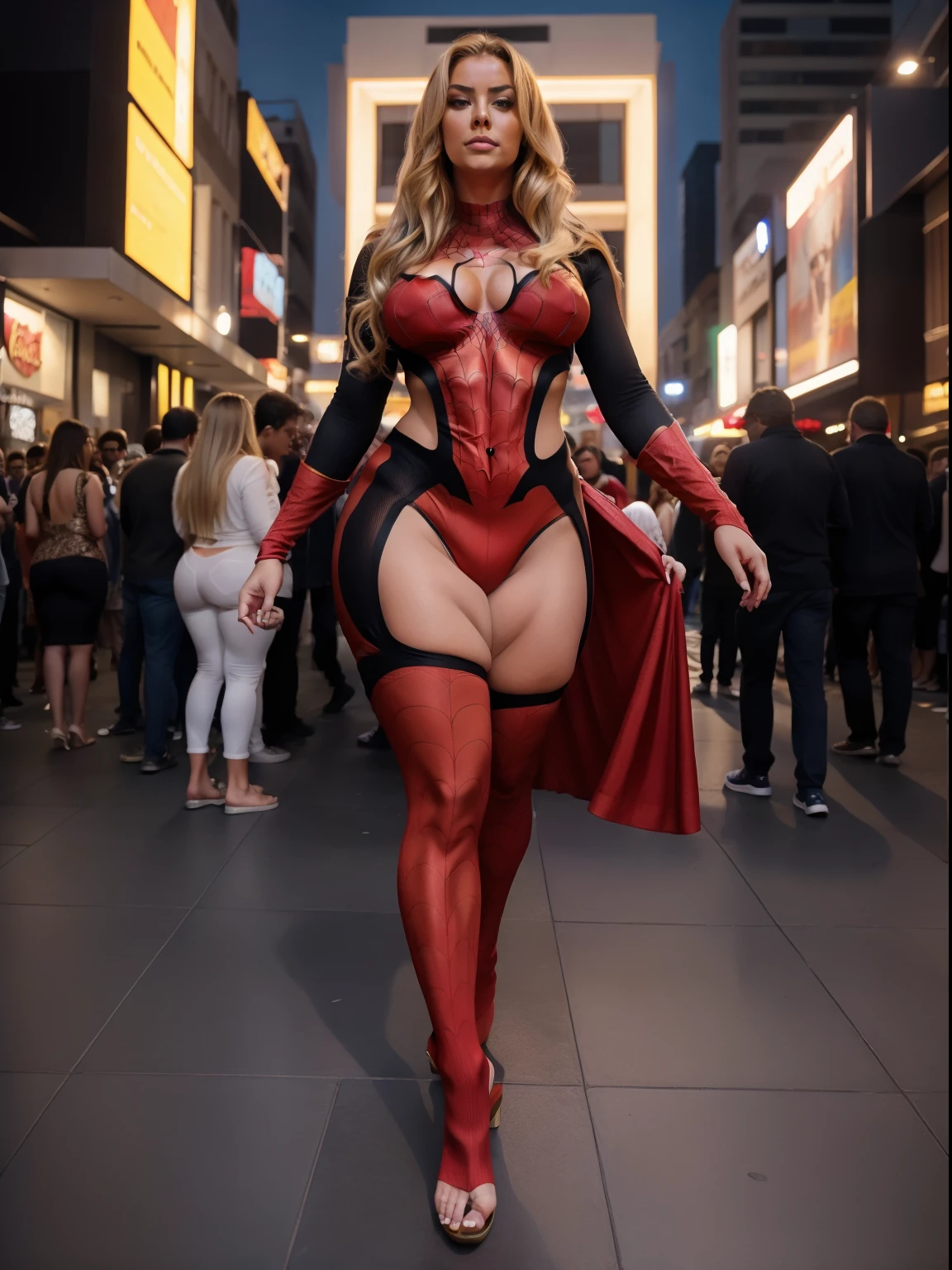 blonde hair, Cabelo loiro Milf plus size, corpo plus size, Usando uma fantasia sexy do homem Aranha, standing on her feet, crowd in the background, seios grandes, barriga saliente, roupa semitransparente, dia, (vestindo spiderwoman_cosplay sexy_roupa de banho:1.1), Pele fina, (cinematic lighthing)