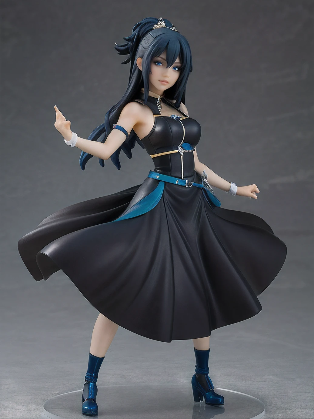 (masterpiece:1.2, best quality), (real picture, intricate details), 1girl, solo, long dark blue flowing hair, ((dark blue hair)), black dress, pop up parade figure, beautiful anime face, gorgeous, evil goddess, sadistic smile, Shunya Yamashita, KOTOBUKIYA, The statue was made into the BISHOUJO style by Shunya Yamashita, dynamic pose