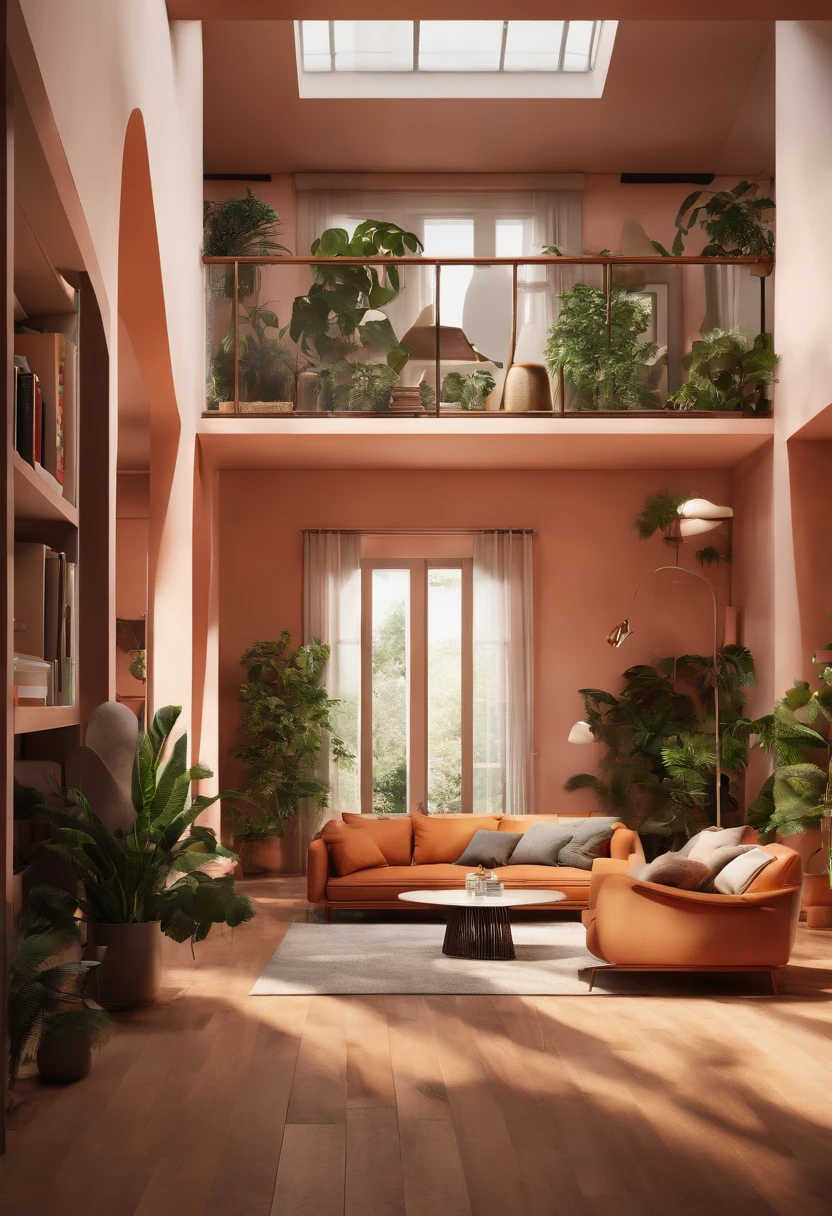 (best quality, highres, realistic:1.37), multiple angles of a room with walls and cabinets, modernist aesthetic, minimalist sofa, plants and books
