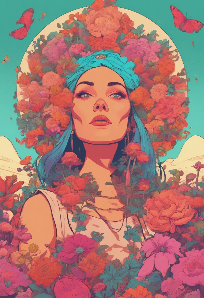 there is a woman with a lot of flowers on her head, priestess, psychedelic illustration, headdress, a beautiful artwork illustration, in style of laurie greasley, by Justin Gerard, jen bartel, pop surrealism art style, loish |, colorfull illustration, magic mushroom, cosmic horror illustration