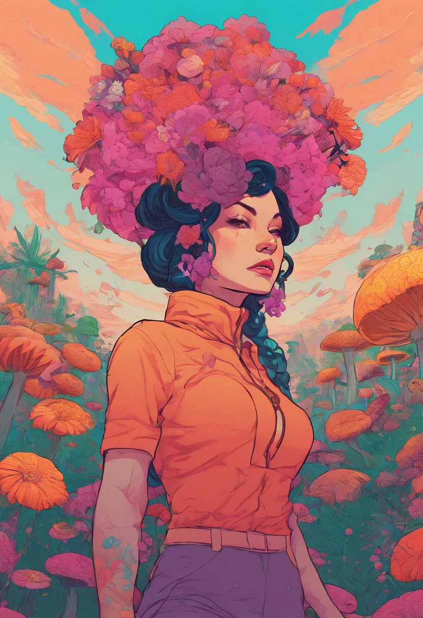 there is a woman with a dwarf, priestess, psychedelic illustration, headdress, a beautiful artwork illustration, in style of laurie greasley, by Justin Gerard, jen bartel, pop surrealism art style, loish |, colorfull illustration, magic mushroom, cosmic horror illustration