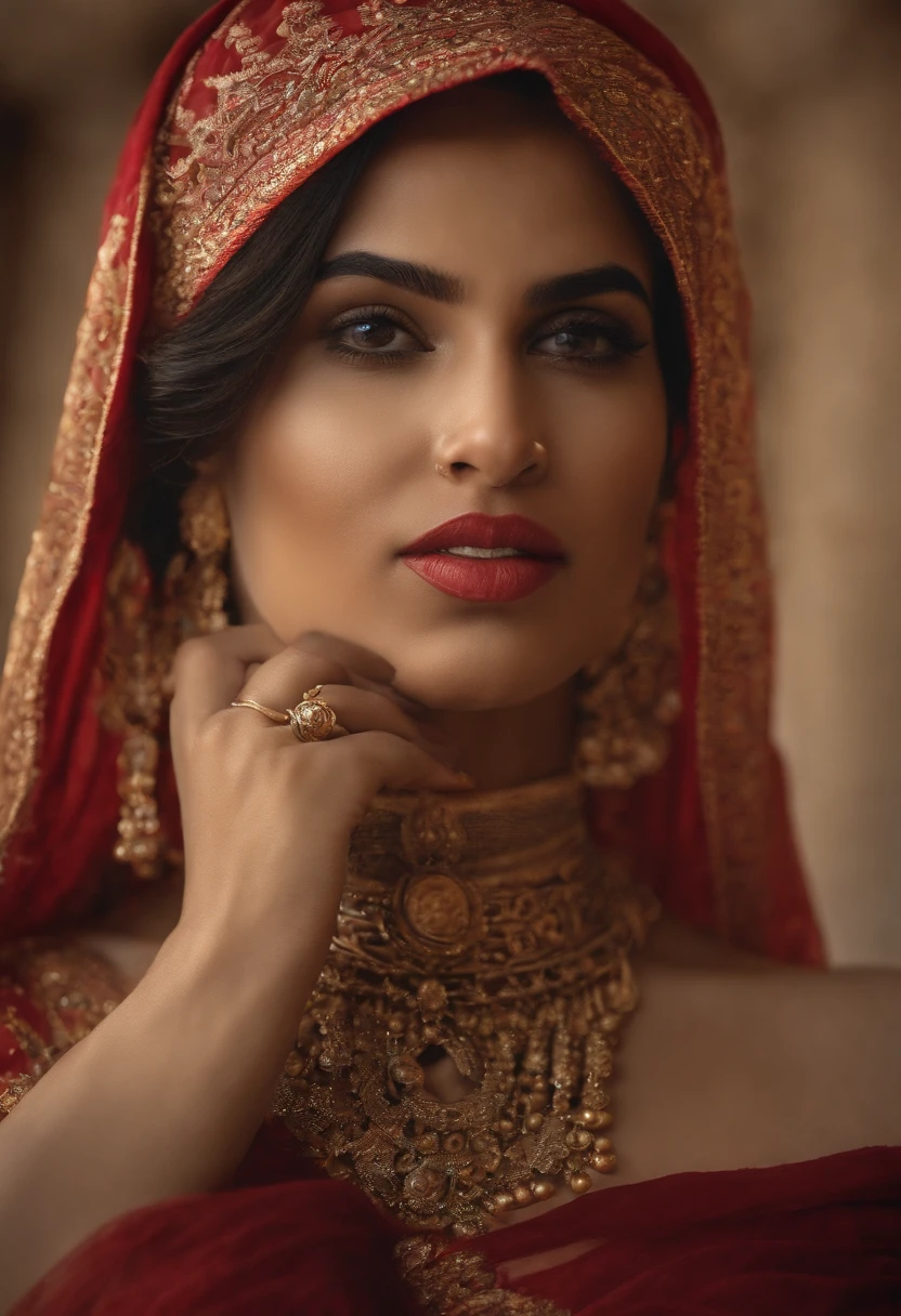 Masterpiece, highest quality, hyper-realistic portrait of an arabian girl with Indian beauty. (8k, best quality), {{perm) on face}}, cum_in_mouth. Red lipstick. Sindur in head Face is full of cum. Cuming from mouth.She is looking at viewer. Close up face photo. Cum on face obligatory