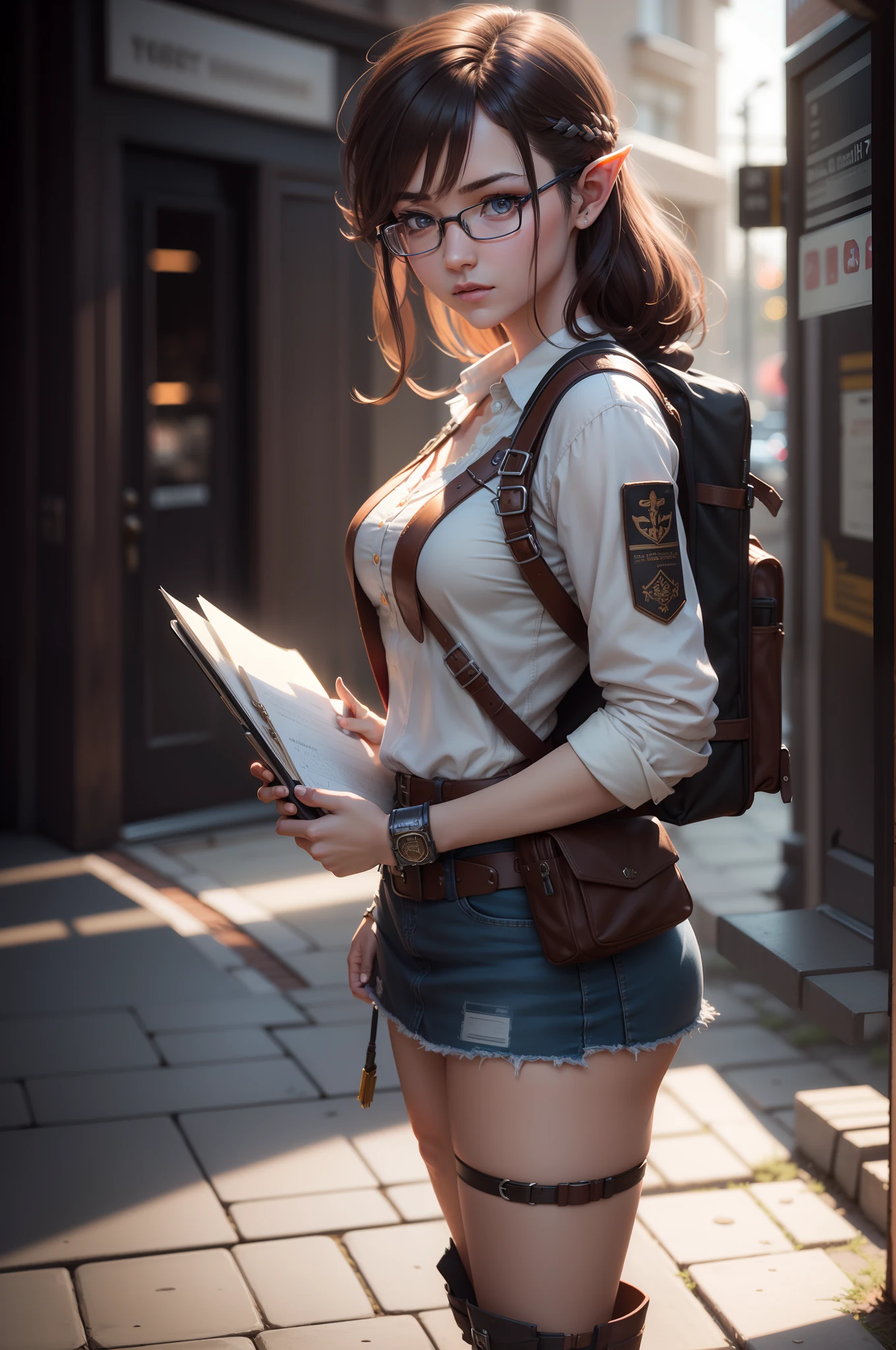 Female, Nerdy, half-elf student, geek, carrying notebook, practical clothing, lots of pockets, brown hair, beautiful, pristine, rpg, hi res, 4k, 8k, 16k, ultrahd, realisitic, photon mapping, radiosity, cinematic lighting, sharp focus, best quality, volumetric lighting, volumetric light, concept art, path tracing. warm colors, (RAW photo., best quality), (realistic, Realistic: 1.3), NVIDIA RTX Ray Tracing, octan render, high-resolution, beautiful, Awesome, finely and highly detailed, masterpiece, ultra-detailed, High, (best illustration), (best shadow), intricate, sharp focus, perfect composition, fantasy, intricate, elegant, volumetric mist, 8k UHD, DSLR, high quality, (grain of film: 1.4), Fujifilm XT3, art-station, smooth and sharp focus, detailed