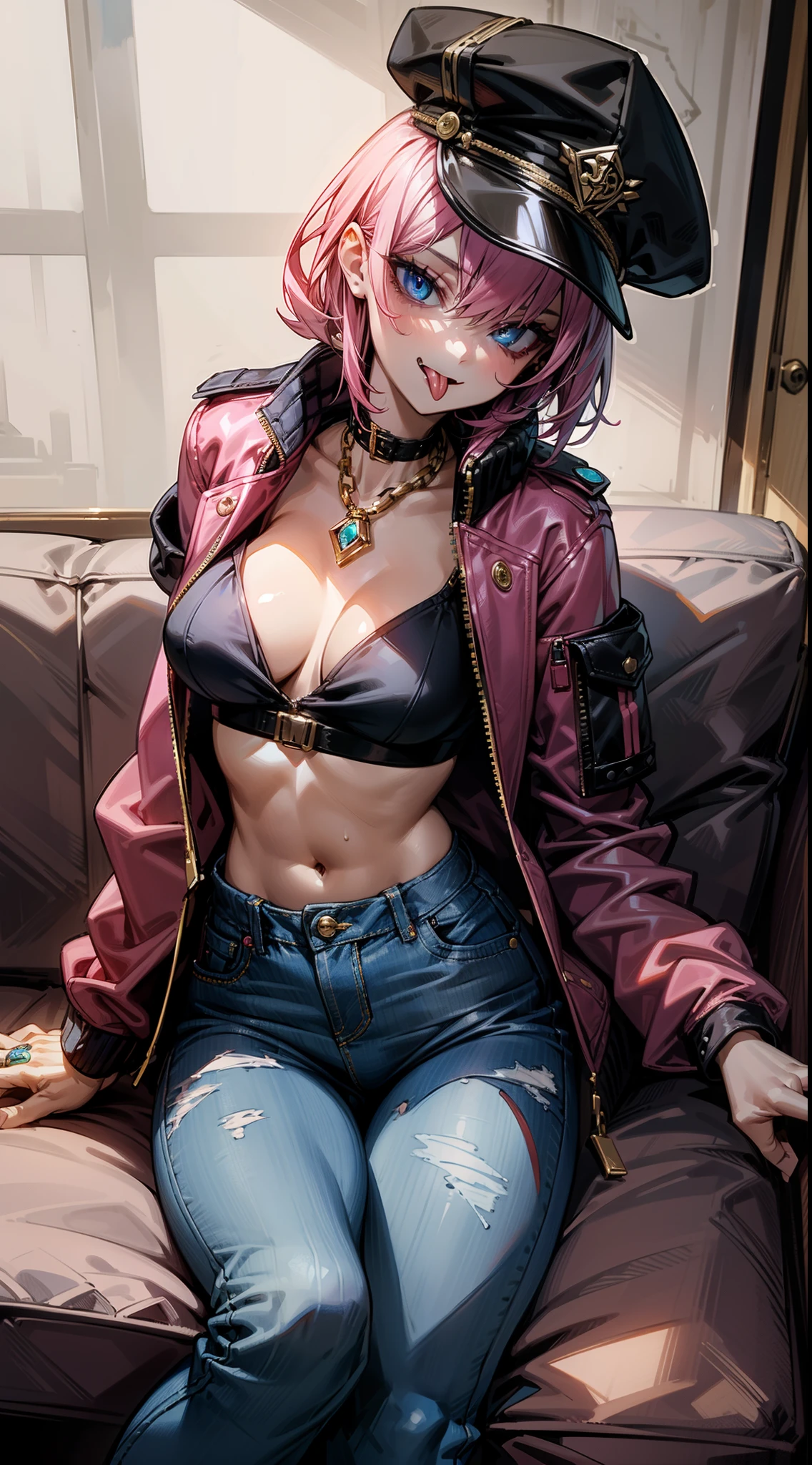 artistic, 1girl,badass, ((tongue out)), (cap), jacket,open jacket, no shirt, no, bra, exposed abdomen, defined abdomen, sexy, sensual, agressive, perfect face, expressive eyes, superior, style, stylish, stylish cothes, cool, dynamic, ring, jewel, neck chain, gold, sitting, high angle, couch, cray, madness, colorful, ink, jeans pant,naughty,mischevious, pink hair,expressive