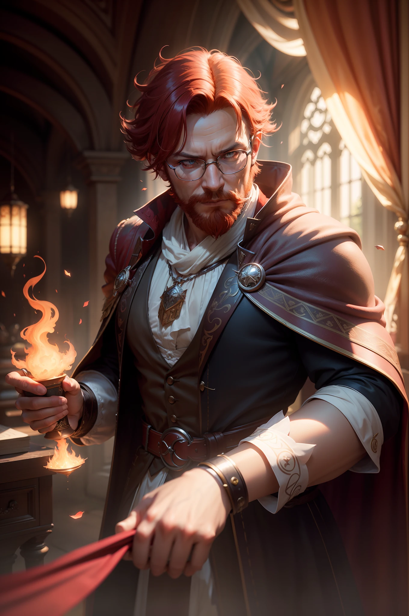 Professor of college, Tiefling bard, fiery red hair, glasses, white and red robes, historical bold attire, fiery and charismatic, handsome, man, pristine, rpg, hi res, 4k, 8k, 16k, ultrahd, realisitic, photon mapping, radiosity, cinematic lighting, sharp focus, best quality, volumetric lighting, volumetric light, concept art, path tracing. warm colors, (RAW photo., best quality), (realistic, Realistic: 1.3), NVIDIA RTX Ray Tracing, octan render, high-resolution, beautiful, Awesome, finely and highly detailed, masterpiece, ultra-detailed, High, (best illustration), (best shadow), intricate, sharp focus, perfect composition, fantasy, intricate, elegant, volumetric mist, 8k UHD, DSLR, high quality, (grain of film: 1.4), Fujifilm XT3, art-station, smooth and sharp focus, detailed