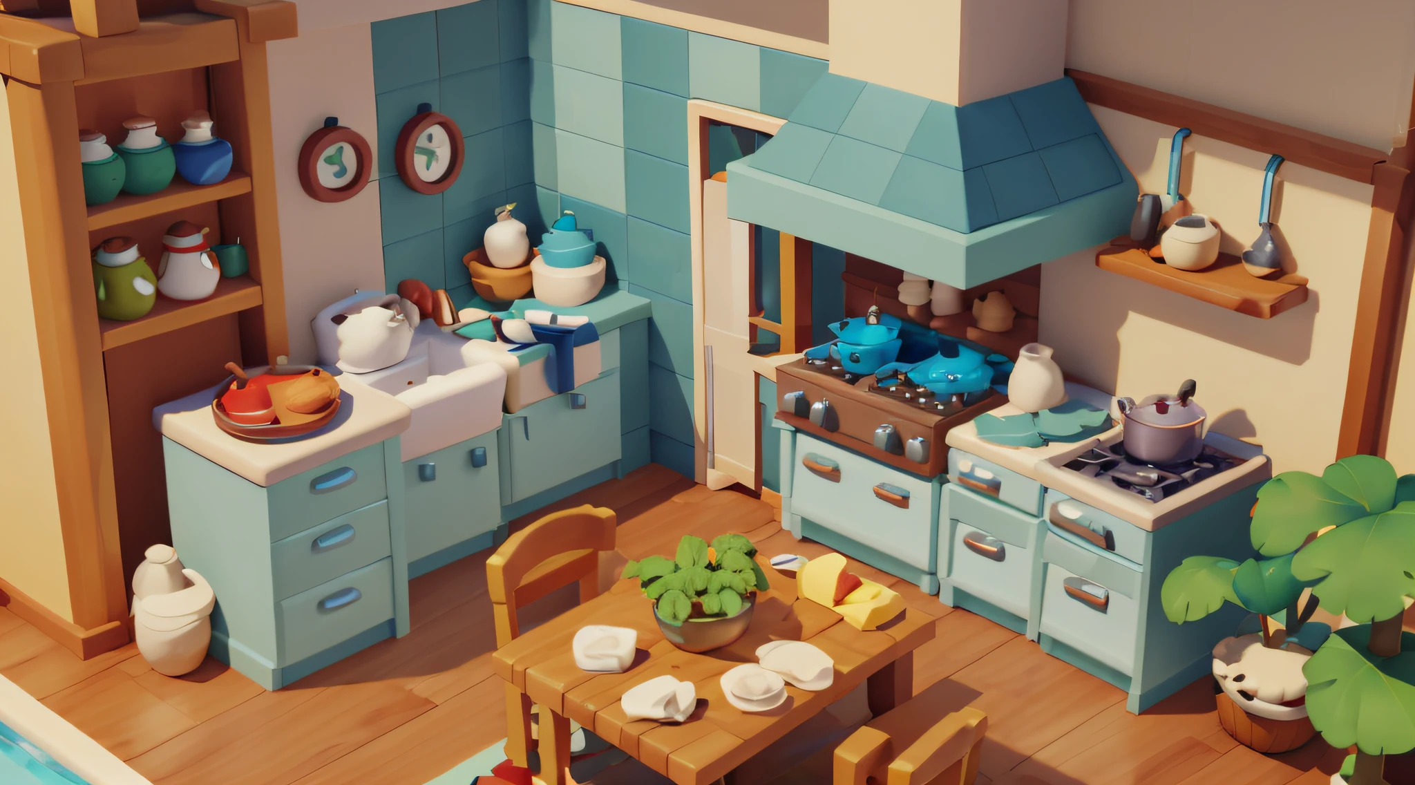 Uma Pia de cozinha,mesa e cadeiras,kitchen armarios ,isometria, Design de arquitetura de jogo, desenhos animados, pedra, estilo de jogo casual, 3d, liquidificador, obra-prima,cozinha bem fofo,verde,branco,cor de madeira,a stove