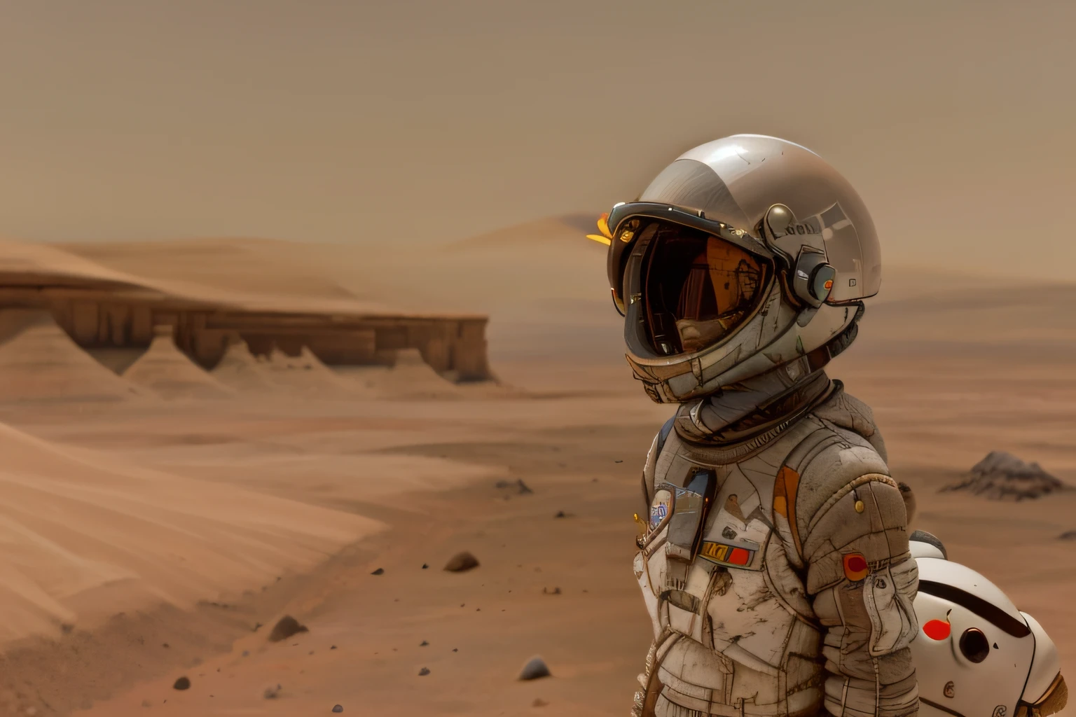 arafed astronaut in a white space suit and helmet looking out over a desert landscape, standing on a martian landscape, astronaut stranded on planet, wearing a spacesuit and helmet, mars vacation photo, on the surface of mars, beautiful woman in spacesuit, overlooking martian landscape, space soldier on mars with a gun, woman astronaut, zoe kravitz as an astronaut