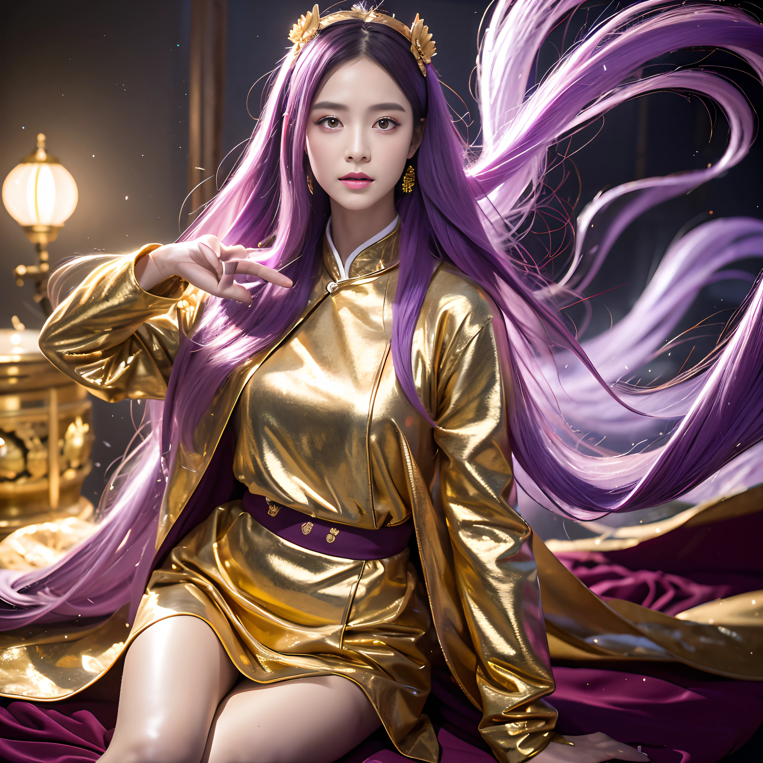 32K(tmasterpiece,k hd,hyper HD,32K)Long flowing lilac hair,Back basement,zydink, a color, Haizhou people (Raised sexy), (Burgundy silk scarf), Combat posture, looking at the ground, long whitr hair, Floating cloves, Fire cloud pattern light gold headdress, Chinese long-sleeved gold silk spacesuit, (abstract ink splash:1.2), smoky background,Lotus protector(realisticlying:1.4),lilac purple hair,Fog on the road,smoke in the background, A high resolution, the detail, RAW photogr, Sharp Re, Nikon D850 Film Stock Photo by Jefferies Lee 4 Kodak Portra 400 Camera F1.6 shots, Rich colors, ultra-realistic vivid textures, Dramatic lighting, Unreal Engine Art Station Trend, cinestir 800,Long flowing lilac hair,nude, light skin, perfect and big breasts, perfect body