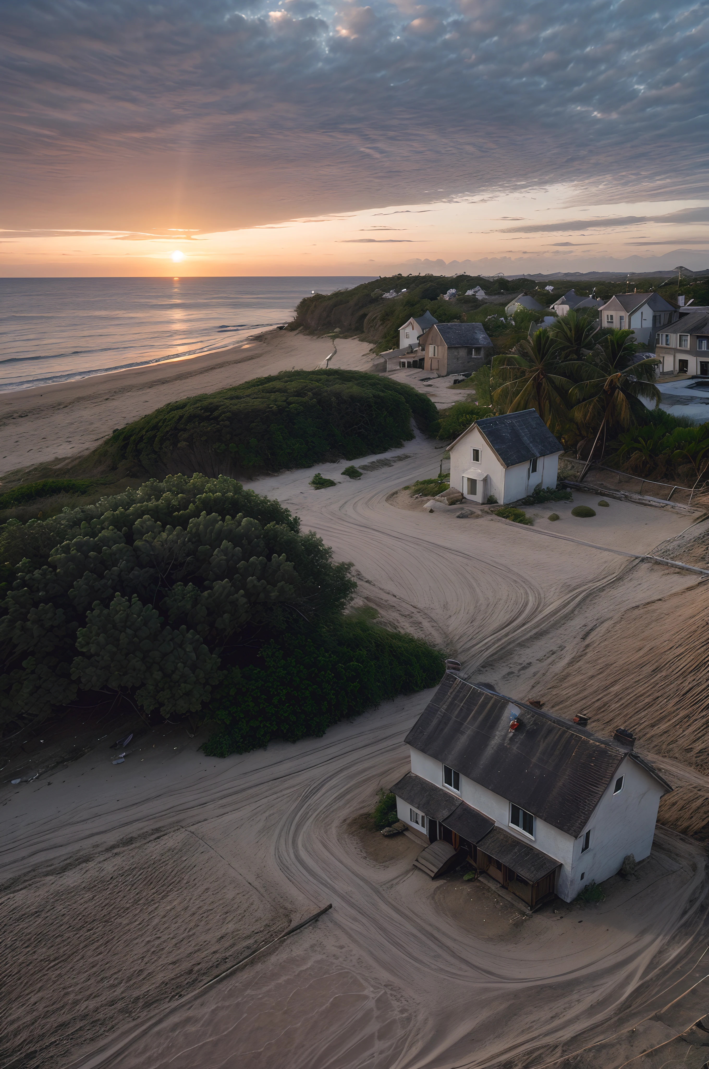 (retouched:1.6), photo of house in lonely village (on beach), on an island, sunset