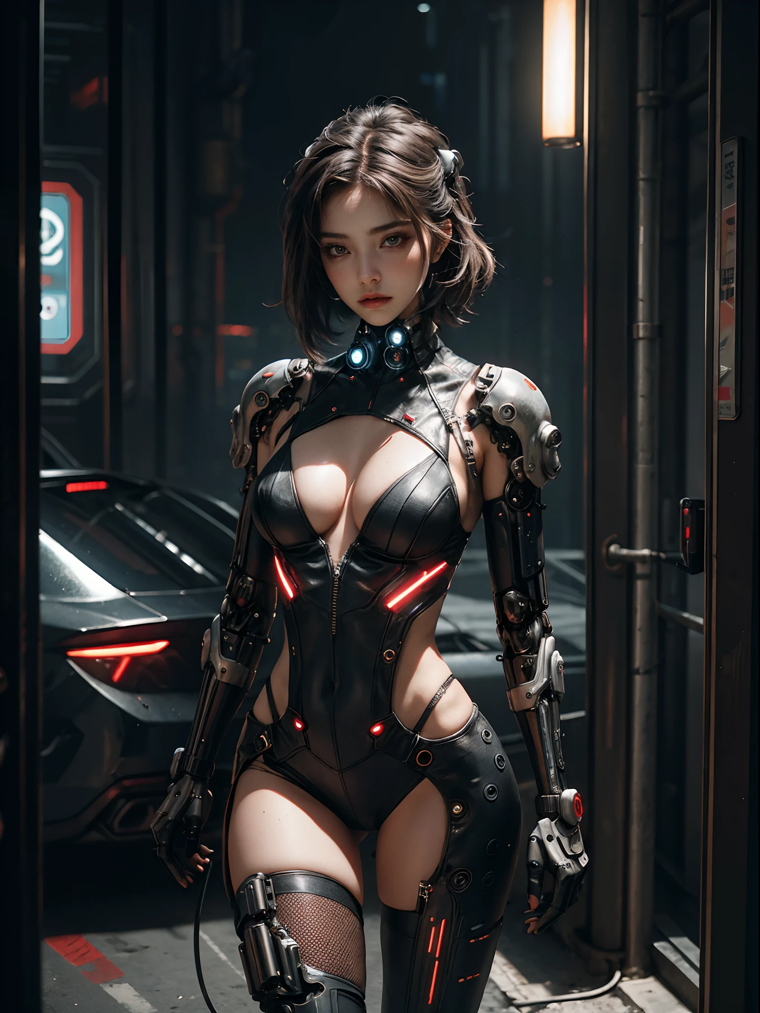 1 Cyberpunk girl, wearing seductive and alluring cyberpunk outfit, futuristic, mechanical aesthetics, complex machinery, high-tech scene of futuristic city in the background, cinematic lighting.
