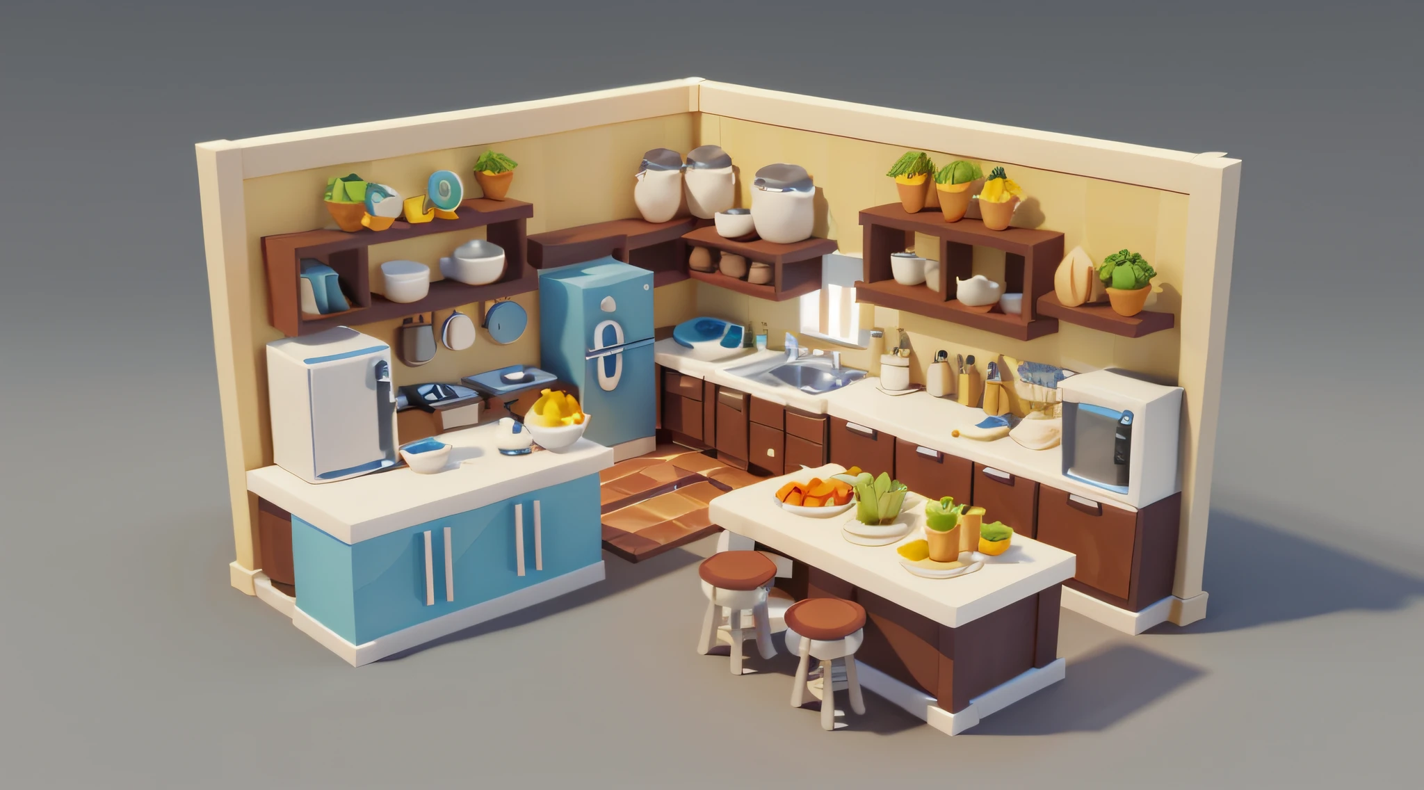 Uma Pia de cozinha,mesa e cadeiras,kitchen armarios ,isometria, Design de arquitetura de jogo, desenhos animados, pedra, estilo de jogo casual, 3d, liquidificador, obra-prima,