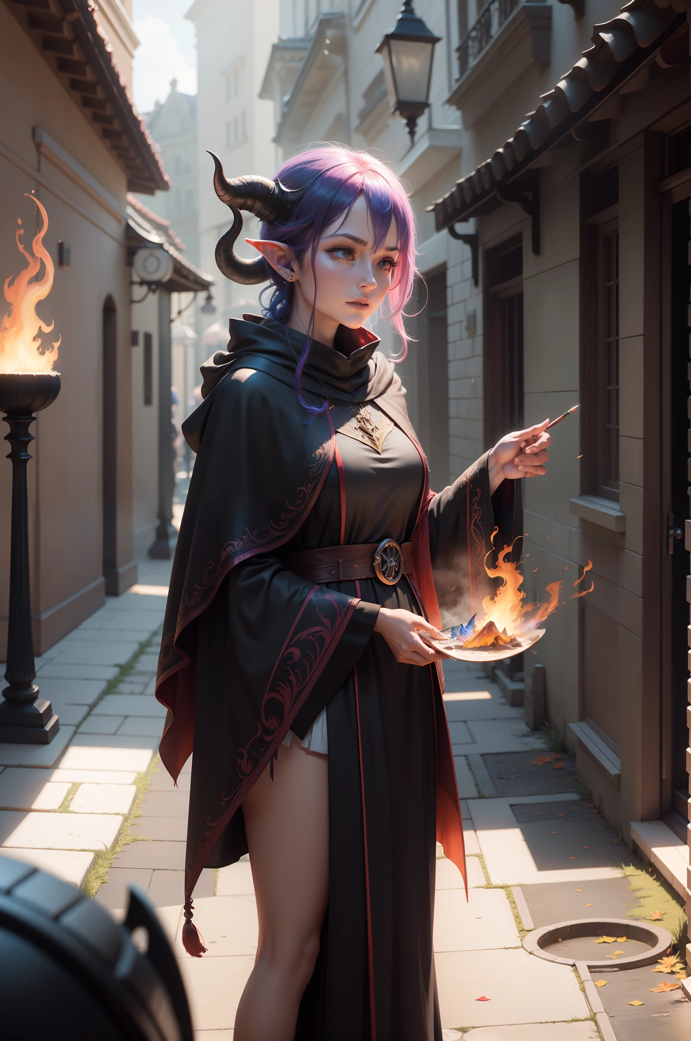Female tIefling sorcerer artist, chromatic rainbow hair, black robes with red and blue edging, flame pattern robes, beautiful, pristine, rpg, hi res, 4k, 8k, 16k, ultrahd, realisitic, photon mapping, radiosity, cinematic lighting, sharp focus, best quality, volumetric lighting, volumetric light, concept art, path tracing. warm colors, (RAW photo., best quality), (realistic, Realistic: 1.3), NVIDIA RTX Ray Tracing, octan render, high-resolution, beautiful, Awesome, finely and highly detailed, masterpiece, ultra-detailed, High, (best illustration), (best shadow), intricate, sharp focus, perfect composition, fantasy, intricate, elegant, volumetric mist, 8k UHD, DSLR, high quality, (grain of film: 1.4), Fujifilm XT3, art-station, smooth and sharp focus, detailed