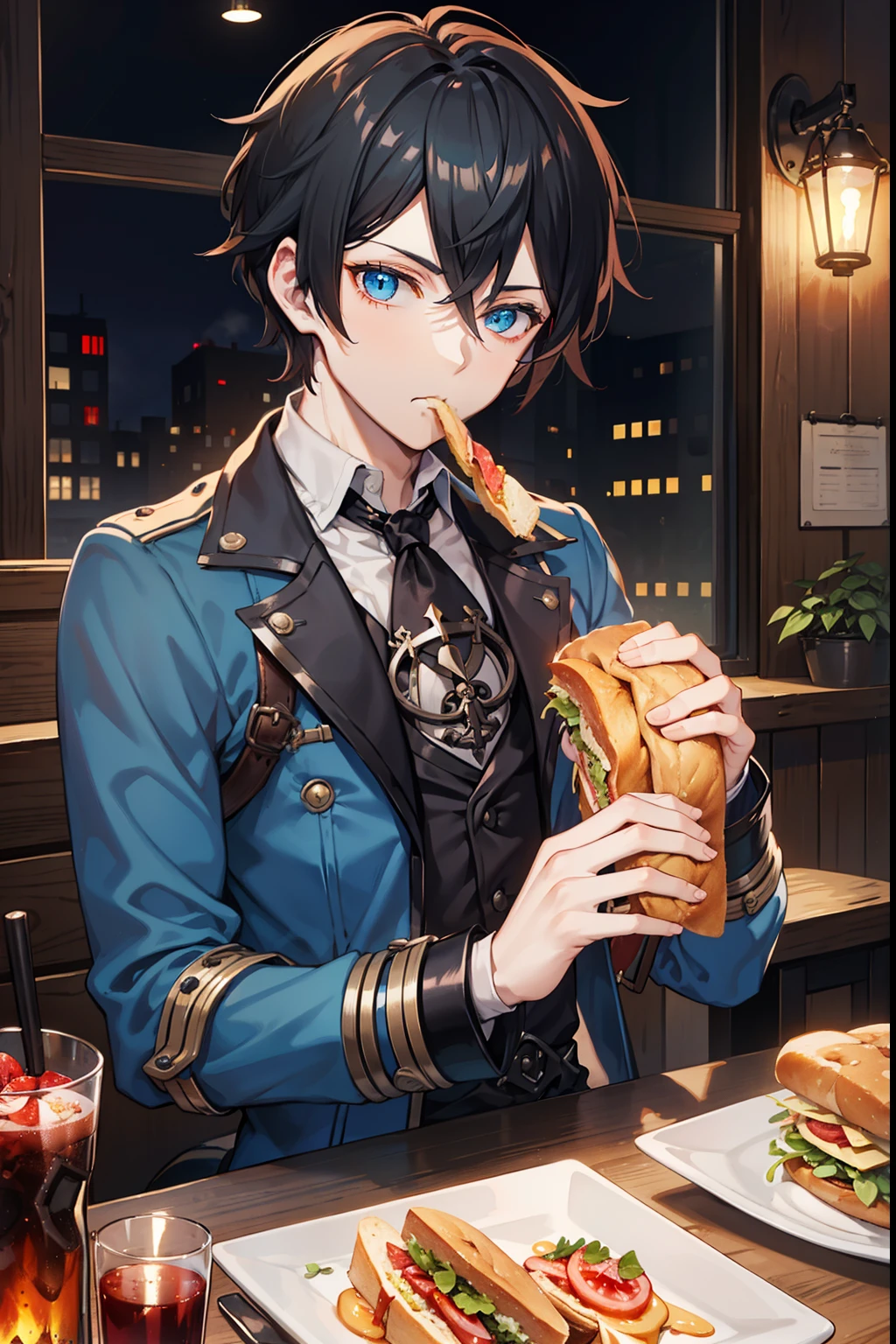 male people A dark-haired blue eyess steampunc (ember) Short hair Drink tea while eating a sandwich Eat deliciously