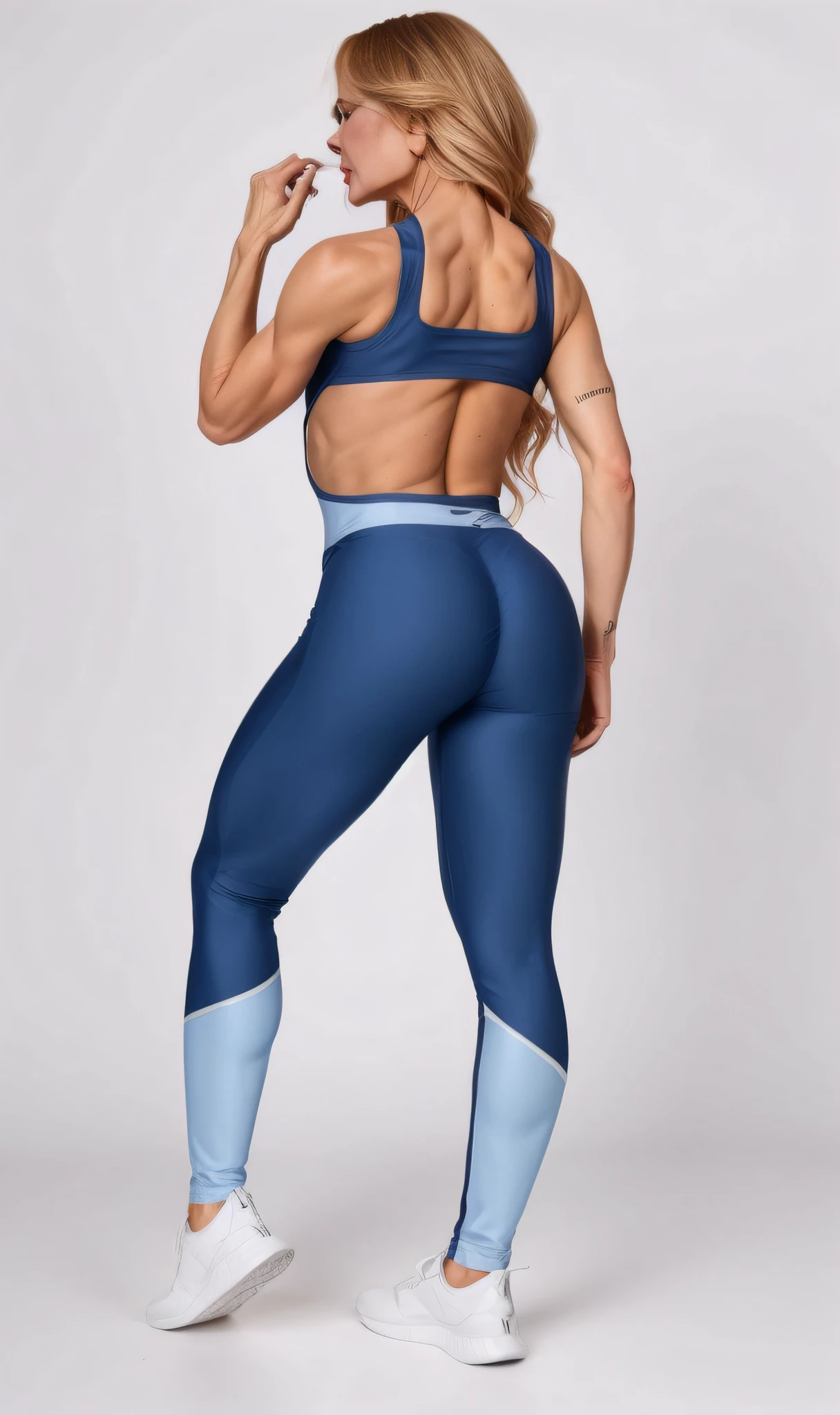 ((Nicole Kidman)) in a tight spandex blue sports bra top and leggings, two piece workout clothes, tight light blue neopren suits, leggins, back pose, back arched, upper and lower body, shapely toned derriere, tight outfit, toned derriere, matte navy - blue bodysuit, backview, leggings, view from the back, cute sportswear