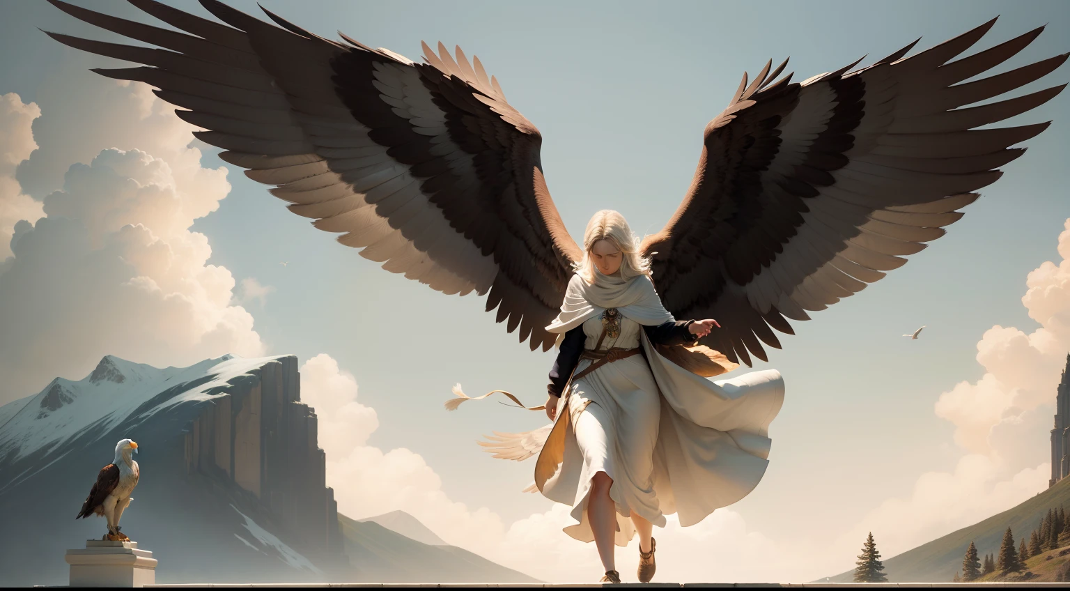 Sophia's care for the injured eagle, nurturing it back to health, leads to a profound transformation. As the eagle recovers, it imparts a valuable lesson to Sophia - how to mend her own wings of faith. As her trust in the Lord deepens, Sophia's burdens lighten, and her steps become more assured. She gains newfound energy to face life's challenges and walks with unwavering confidence, her spirit unbroken. This narrative highlights themes of care, recovery, and the strengthening of faith, with Sophia and the eagle in the foreground as central figures. Their journey symbolizes the transformative power of faith and compassion.