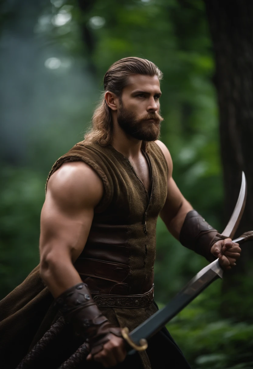 (photo of muscular Viking,large,topless,shirtless,barechest,warm summer evening,lake background,dramatic light,very handsome,long hair) (photography,portrait,realistic,vivid colors)