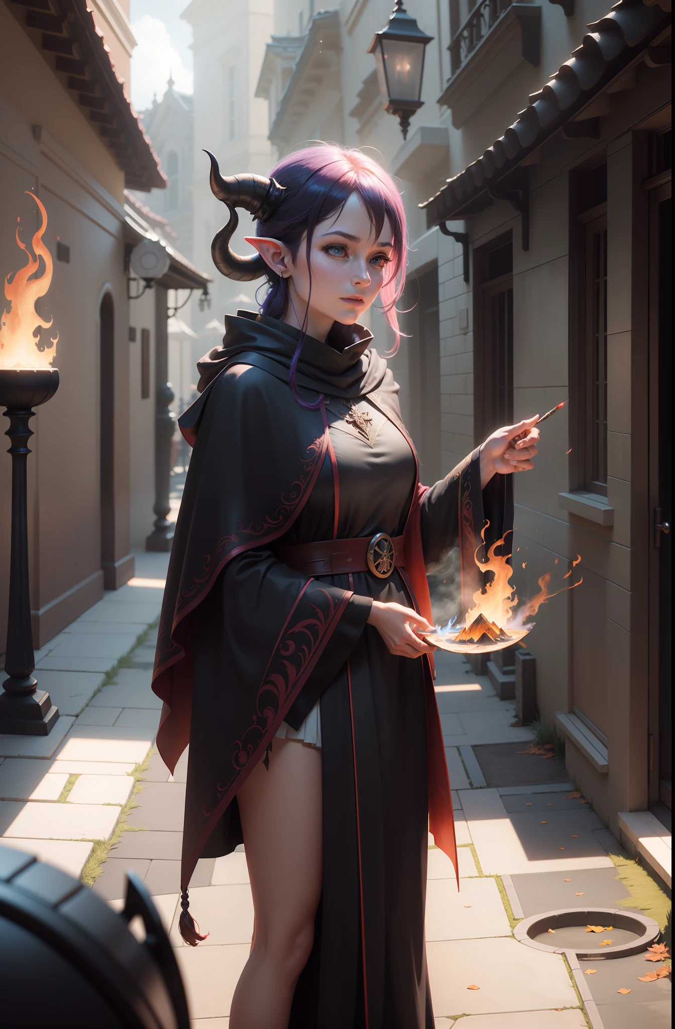 femaletiefling sorcerer artist, black robes with blue and red edging, flame pattern on robe, paintbrush in hand ,beautiful, pristine, rpg, hi res, 4k, 8k, 16k, ultrahd, realisitic, photon mapping, radiosity, cinematic lighting, sharp focus, best quality, volumetric lighting, volumetric light, concept art, path tracing. warm colors, (RAW photo., best quality), (realistic, Realistic: 1.3), NVIDIA RTX Ray Tracing, octan render, high-resolution, beautiful, Awesome, finely and highly detailed, masterpiece, ultra-detailed, High, (best illustration), (best shadow), intricate, sharp focus, perfect composition, fantasy, intricate, elegant, volumetric mist, 8k UHD, DSLR, high quality, (grain of film: 1.4), Fujifilm XT3, art-station, smooth and sharp focus, detailed