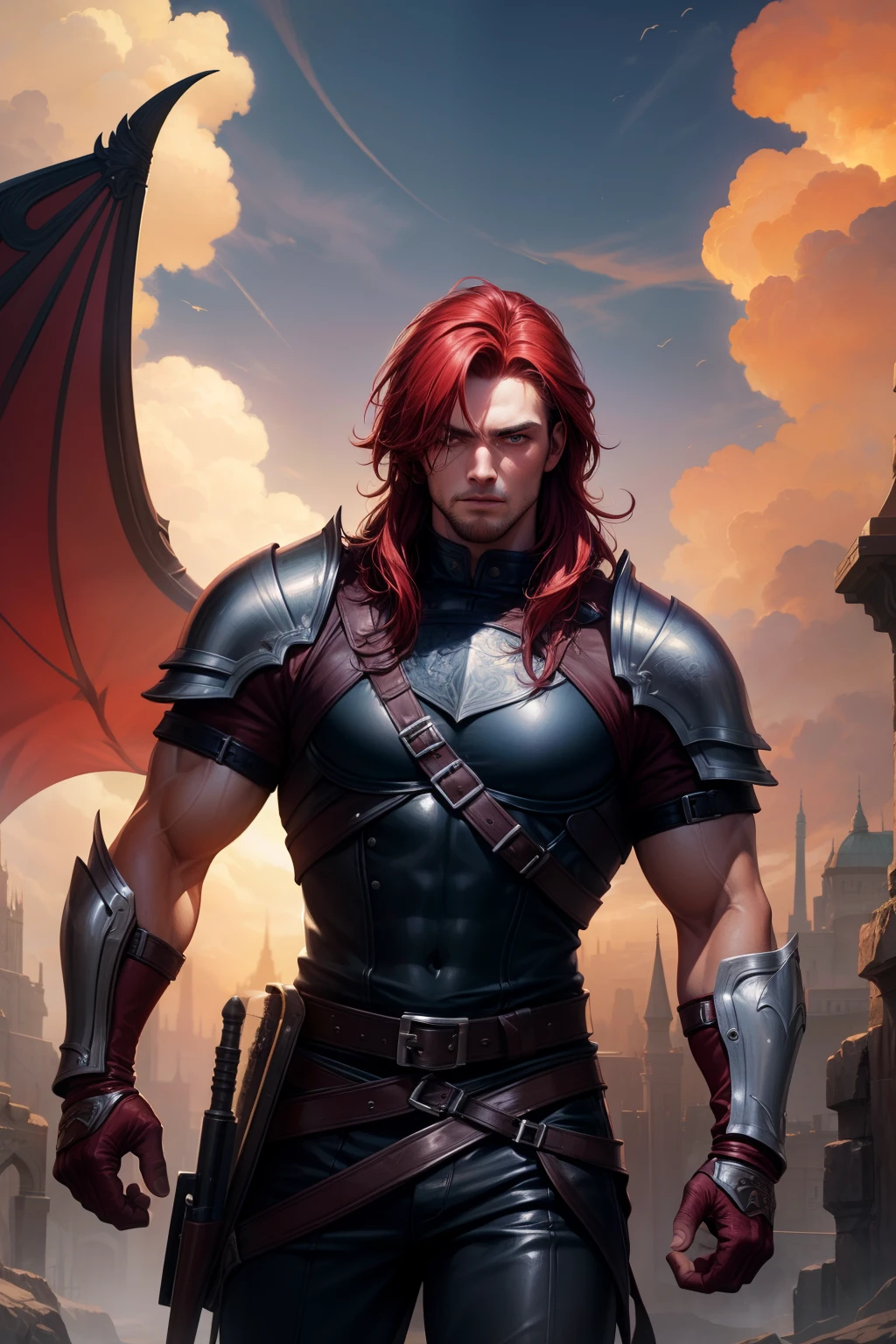 (masterpiece)), ((best quality)), ((highres)),Rogue,Red Hair,man, handsome, muscular, fantasy, art,magic,leather armor, leather, young man,young,