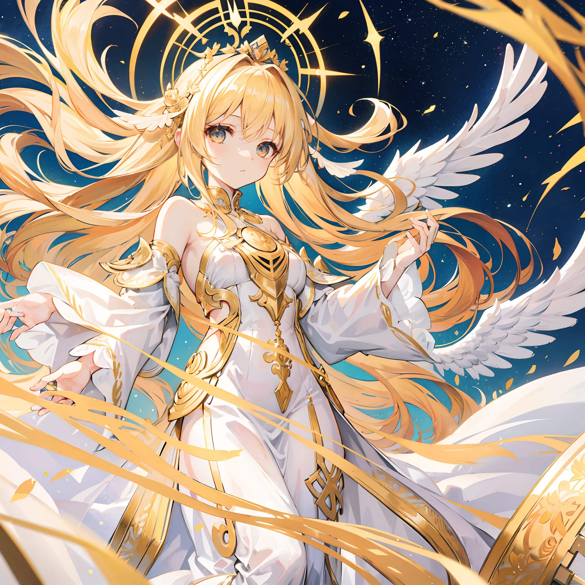 long golden hair,ornate golden headress, long ethereal white dress,hazel eyes,white angel wings,sun goddess