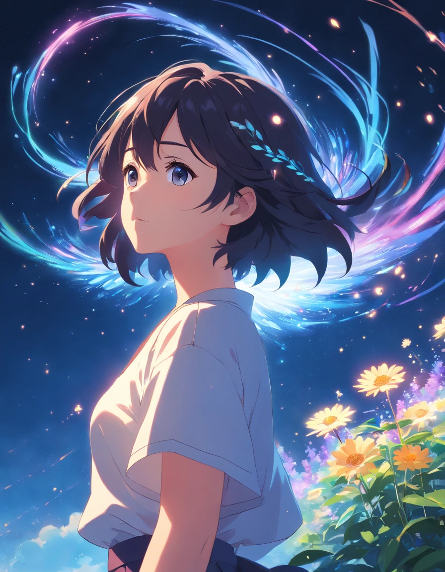 (best quality, masterpiece), 1girl, pose, particle, wind, flower, upper body, simple background, looking at viewer, black wildly hair, cosmic, nebulas, galaxy