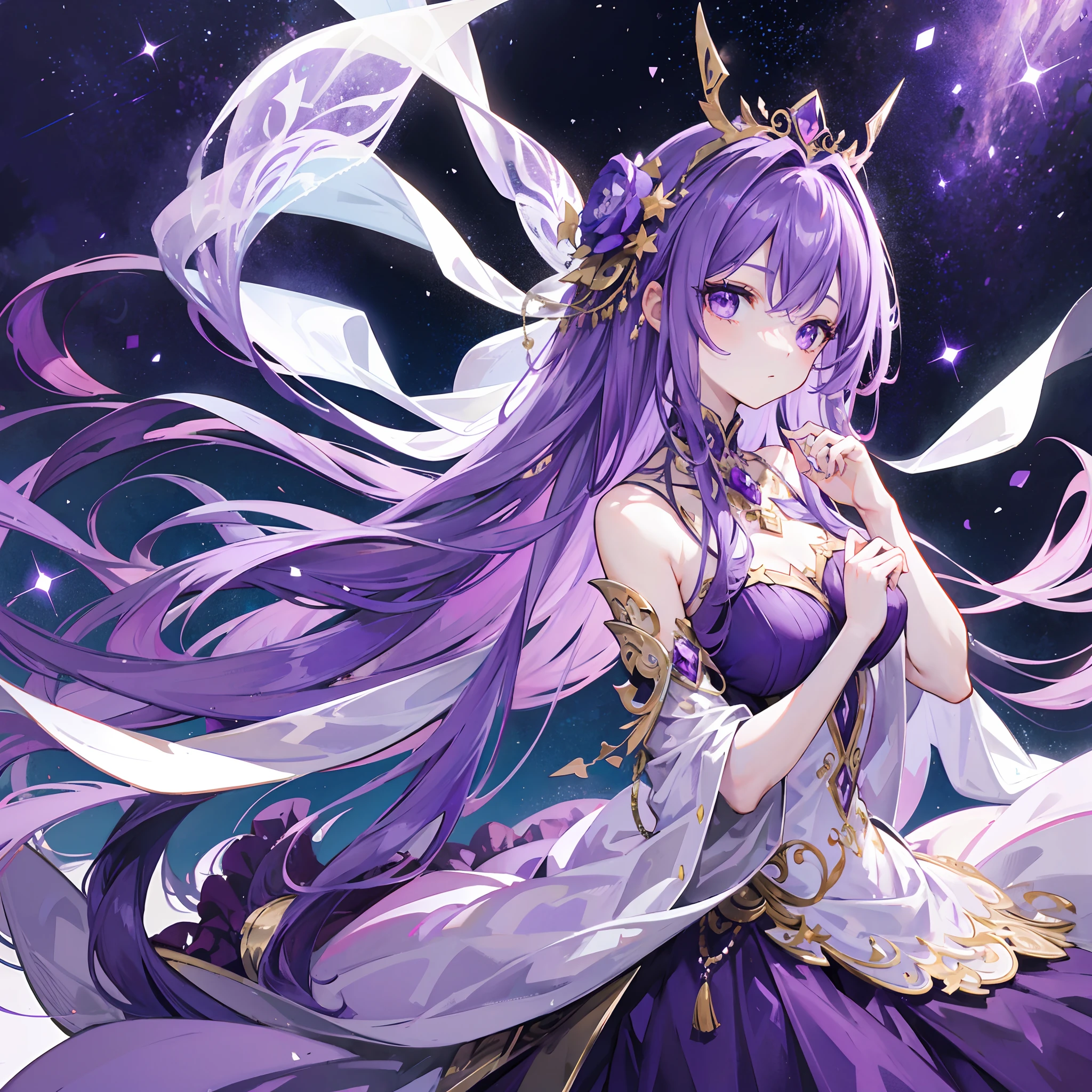 long ethereal purple hair,purple eyes,long ethereal purple dress,star goddess,ornate amythest headress