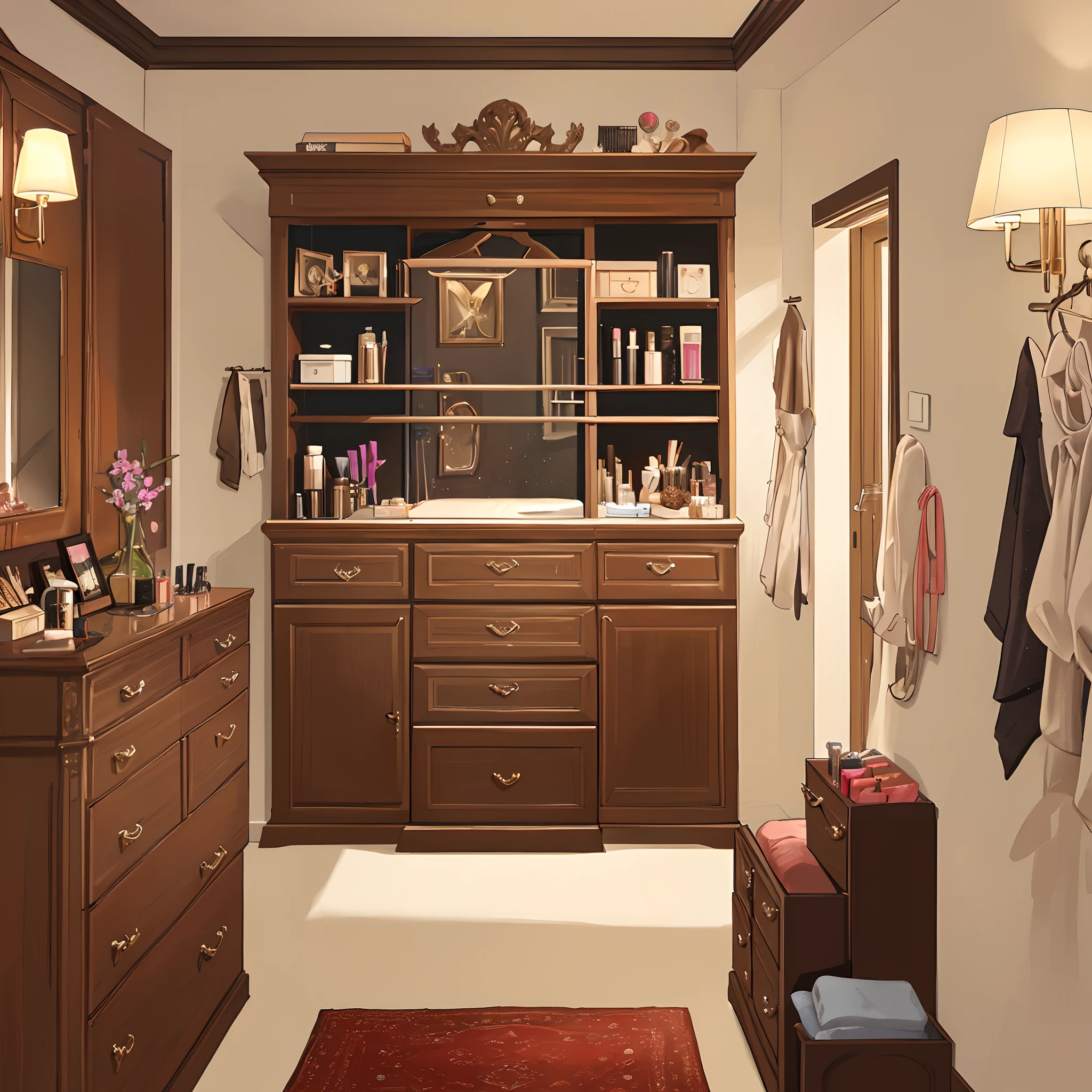 A bedroom with a king size bed, casement wardrobe, dressing table for my wife to put cosmetic and do make up. A cabinet for display luxury bags