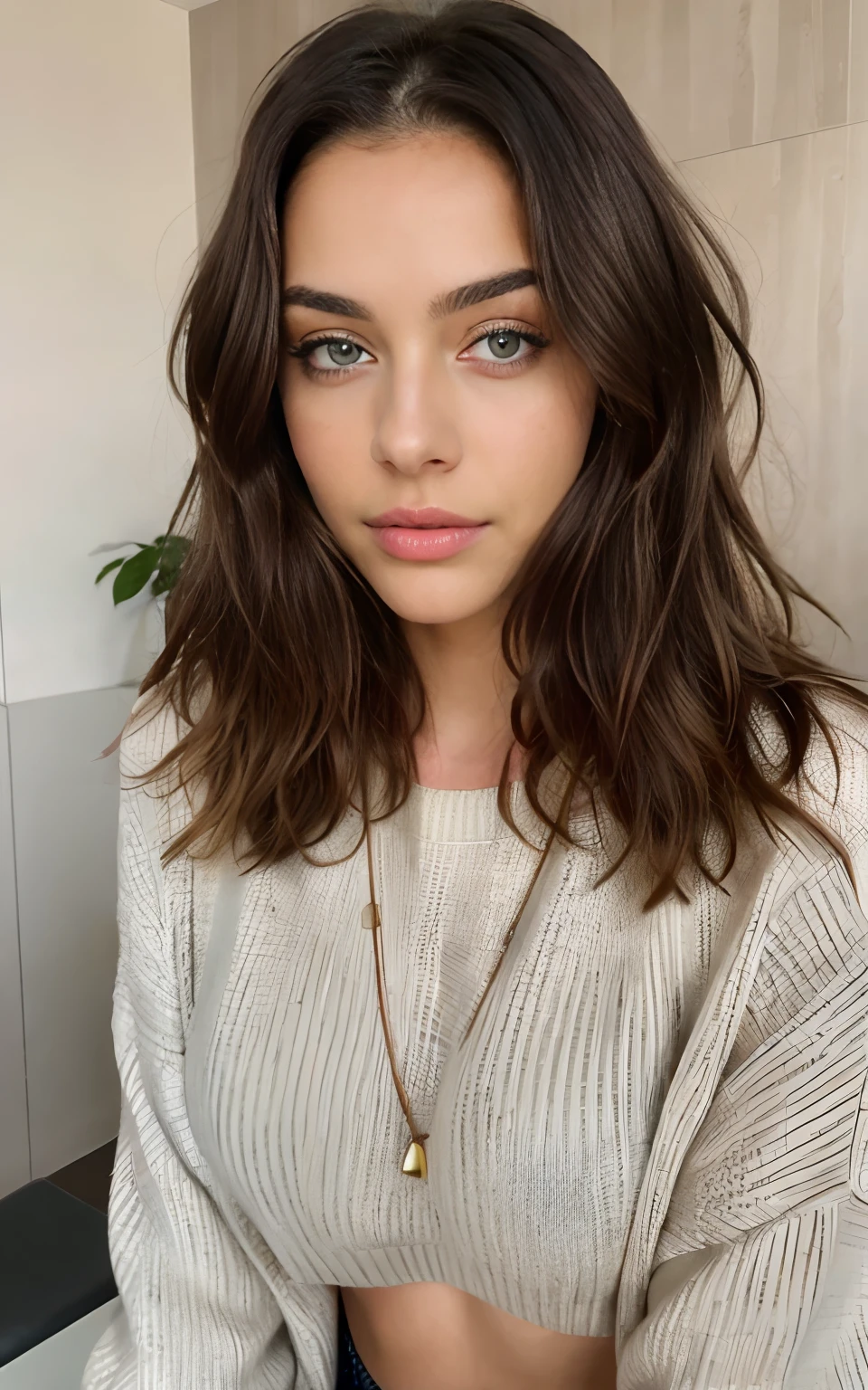 beautiful brunette wearing light beige sweater (taking care of nails in a modern beauty salon), very detailed, 21 years old, innocent face, natural wavy hair, blue eyes, high resolution, masterpiece, best quality, intricate details, highly detailed, sharp focus, detailed skin, realistic skin texture, texture, detailed eyes, professional, 4k, charming smile, shot on Canon, 85mm, shallow depth of field,  kodak vision color, perfect fit body, extremely detailed, foto_\(ultra\), photorealistic, realistic, post-processing, maximum detail, roughness, real life, ultra realistic, photorealism, photography, 8k uhd, photography