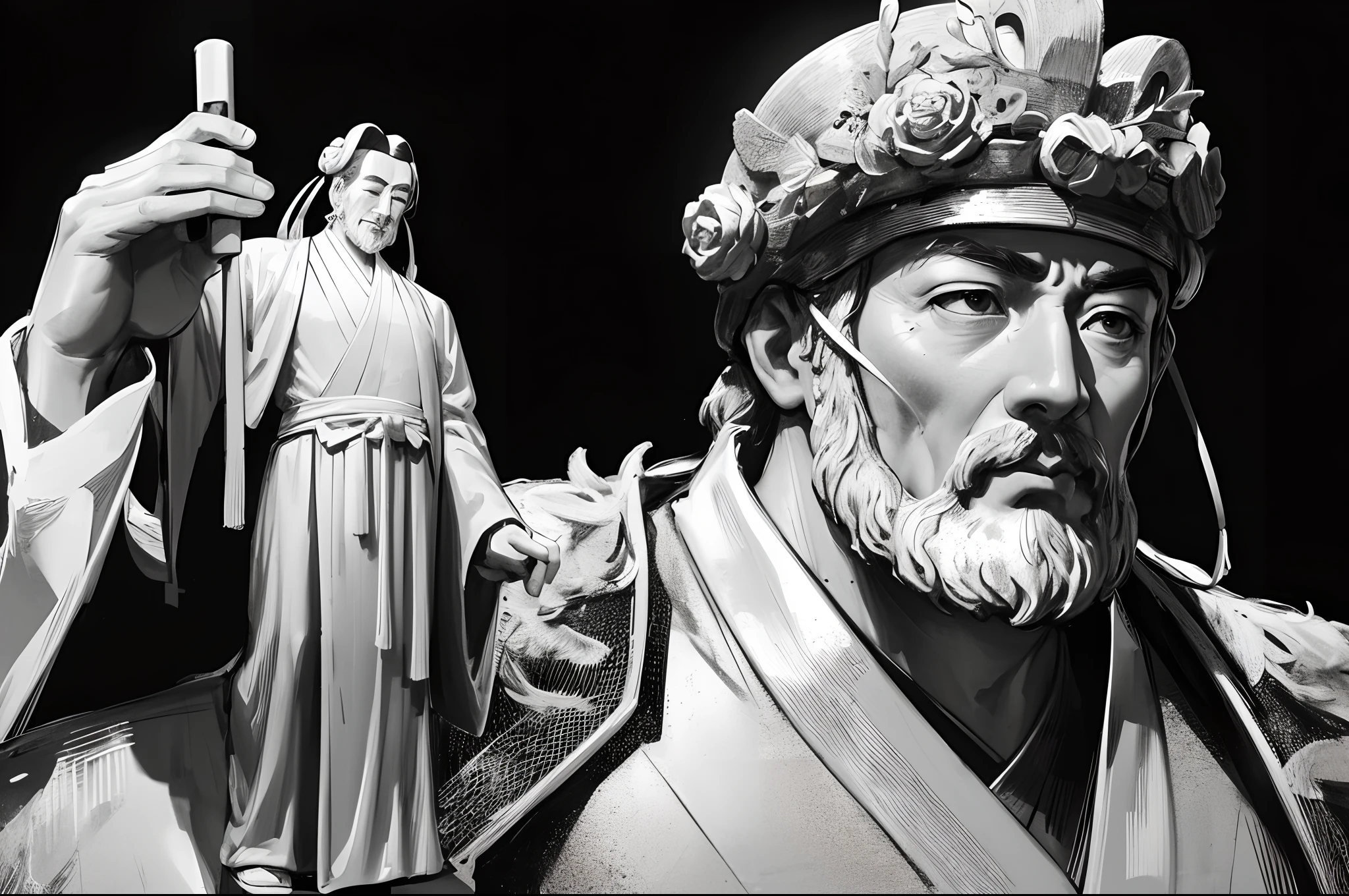 A statue of Chinese philosopher Confucius. Make a realistic image, showing you as a handsome and strong man. Black and white image with completely black background. Include muscle