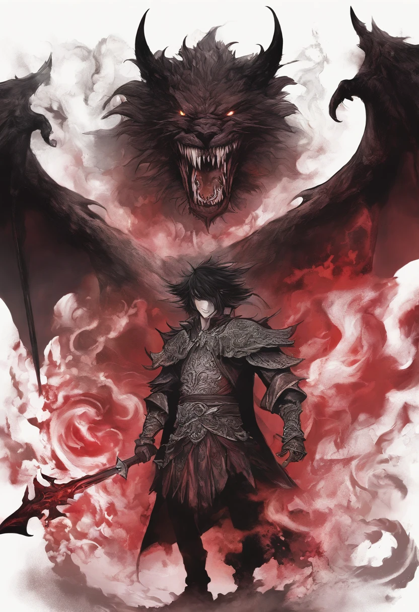 create an image, where a boss fight is taking place between a character and a monster, the character is ''Dante'' from paranormal order rpg and the monster is enpap from paranormal order rpg. Dante is using a spell that sends black smoke of death in a spiral shape towards the monster that begins to rot. The camera shows Dante's back and shows the enpap in front of him.