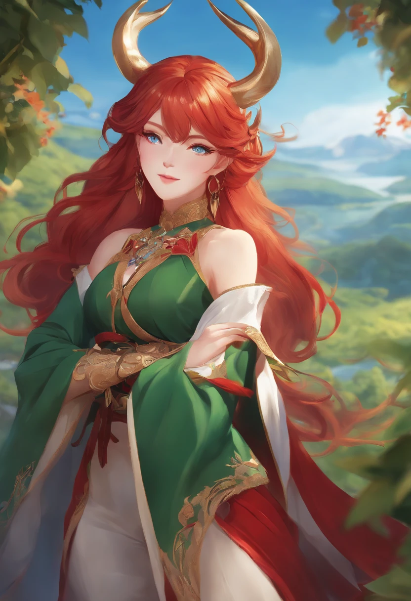 a female genshin impact character, long red hair, blue eyes, liyue style, green outfit, dendro vision, anime, nature, horns