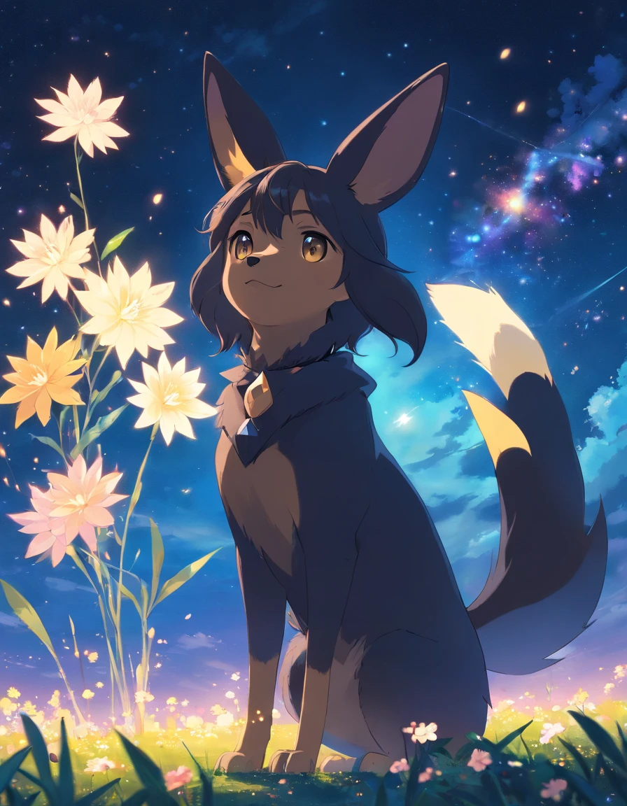 (best quality, masterpiece), Umbreon, pose, particle, wind, flower, simple background, looking at viewer, night, cosmic, nebulas, galaxy