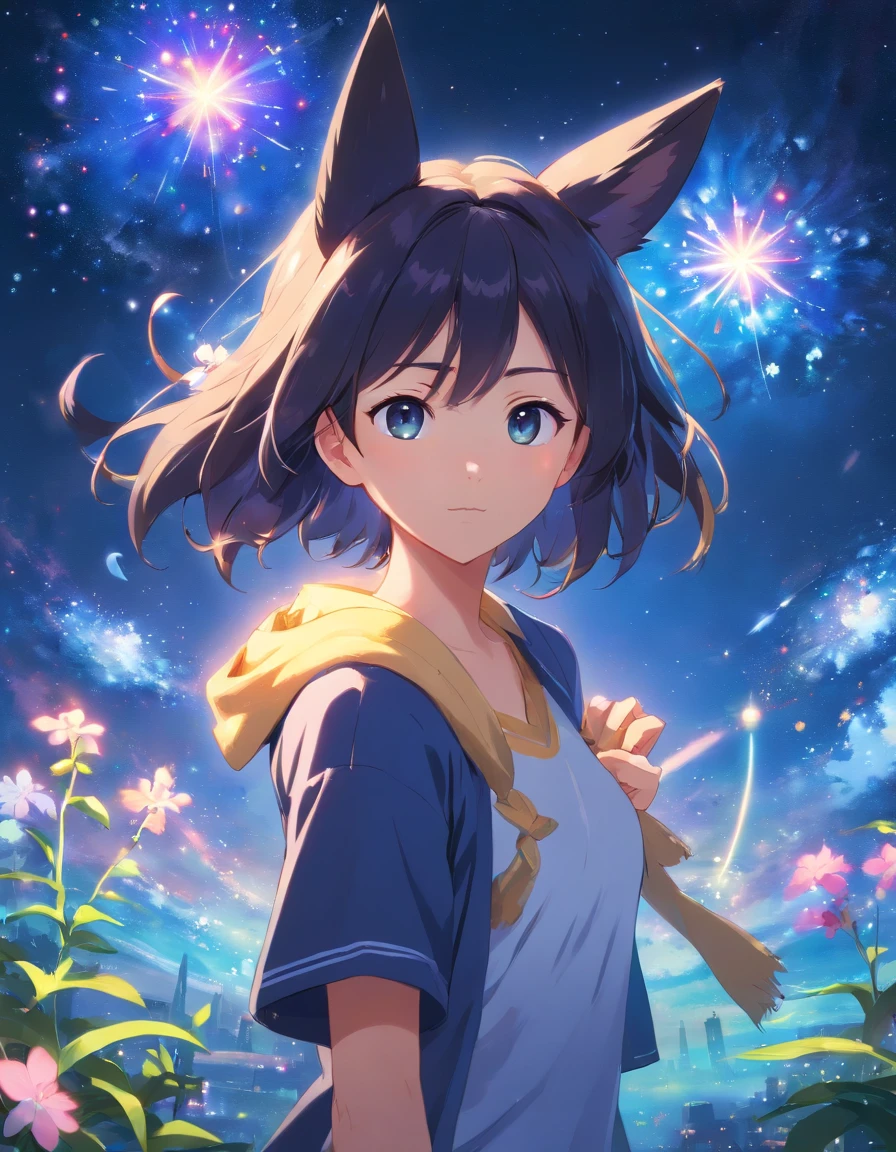 (best quality, masterpiece), Umbreon, pose, particle, wind, flower, simple background, looking at viewer, night, cosmic, nebulas, galaxy