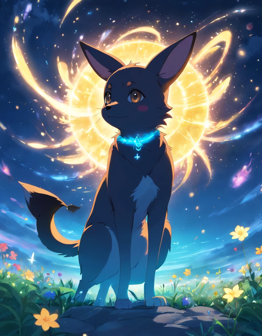 (best quality, masterpiece), Umbreon, pose, particle, wind, flower, simple background, looking at viewer, night, cosmic, nebulas, galaxy
