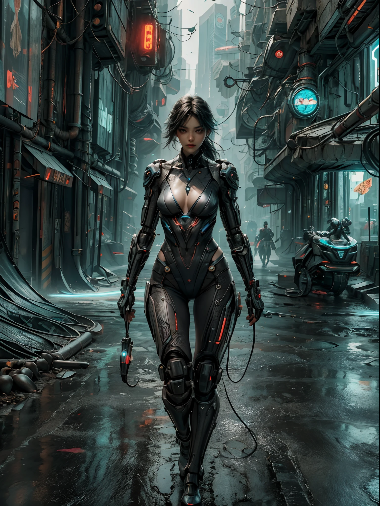 1 sexy Cyberpunk girl, futuristic, mechanical aesthetics, complex machinery, high-tech lighting scene of futuristic city in the background, virtual engine 5, cinematic lighting.