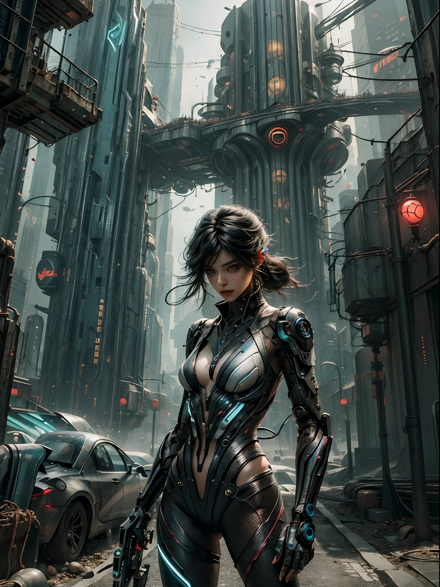 1 sexy Cyberpunk girl, futuristic, mechanical aesthetics, complex machinery, high-tech lighting scene of futuristic city in the background, virtual engine 5, cinematic lighting.