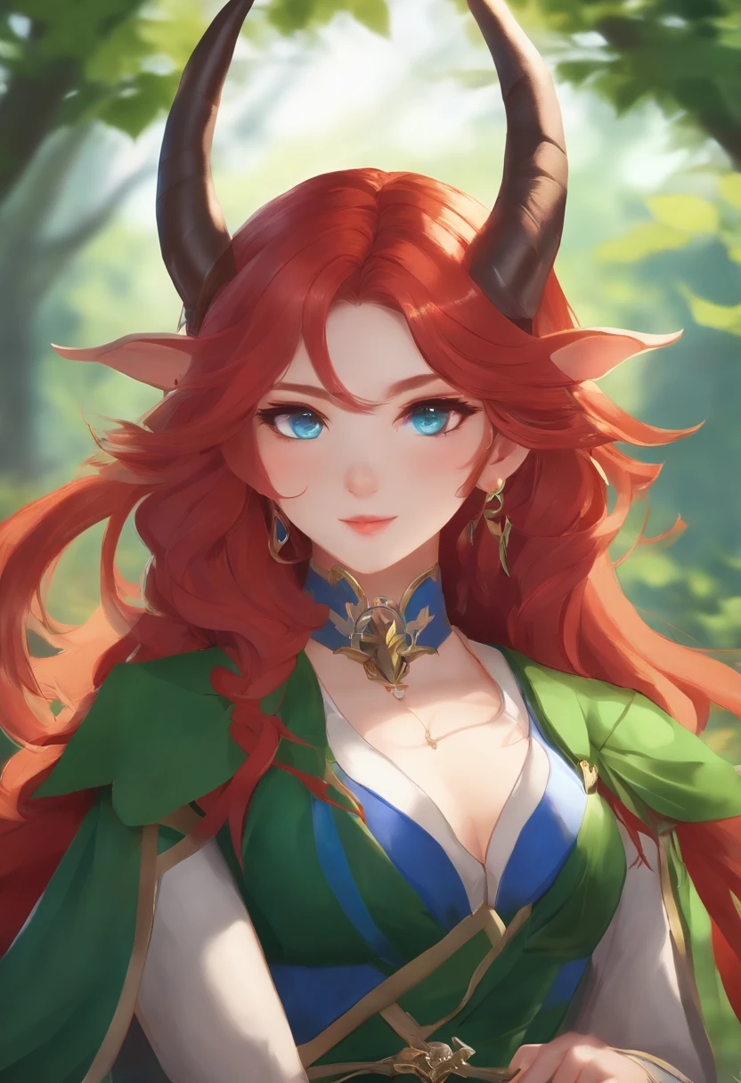 a female genshin impact character, long red hair, blue eyes, liyue style, green outfit, dendro vision, anime, nature, horns