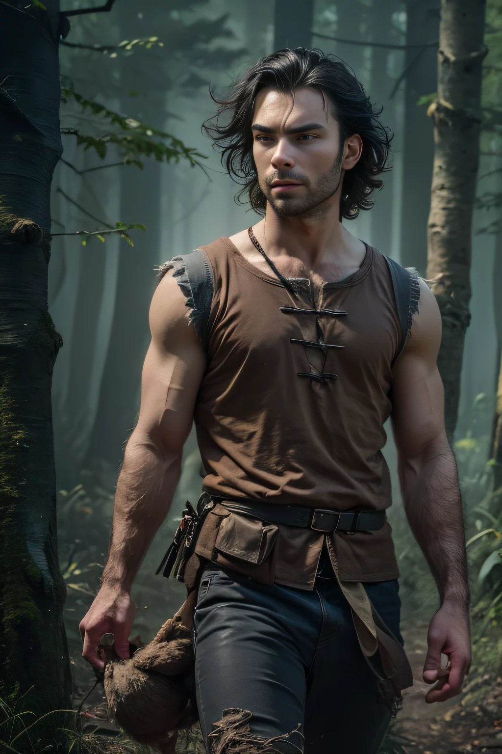 25-year-old man,a handsome,woods, It's dark night, camp fire, Roasted game, Hunter in the woods, Serious, Aidan Turner (A detailed eye:1.3),BazleColor Eye,full bodyesbian