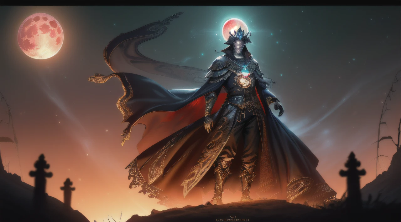 (((A jaded and plotting ancient male automaton:bard centered in the foreground))), ((clockwork filigree)), ((bioluminescent eyes)), (((ephemeral robes))), (((extravagant full helm))), ((corrupted bioluminescent filigree ankh necklace)), dark fantasy, dark atmosphere, graveyard, ((night)), bioluminescent bat swarm, volumetric lighting, best quality, masterpiece, intricate details, tonemapping, sharp focus, very detailed, trending on Artstation 4k, realistic, 8k, cinematic lighting, (((Full blood moon vibrantly lighting the scene))), (((wide angle shot))), ((colorful)), ((clockwork filigree face)), (((angle from above))), ((((looking at viewer)))), professional artist, {masterpiece}, {bioluminescent halo lighting from behind}, ((sinister glowing red fog)), {Full body portrait}, {Award winning illustration}
