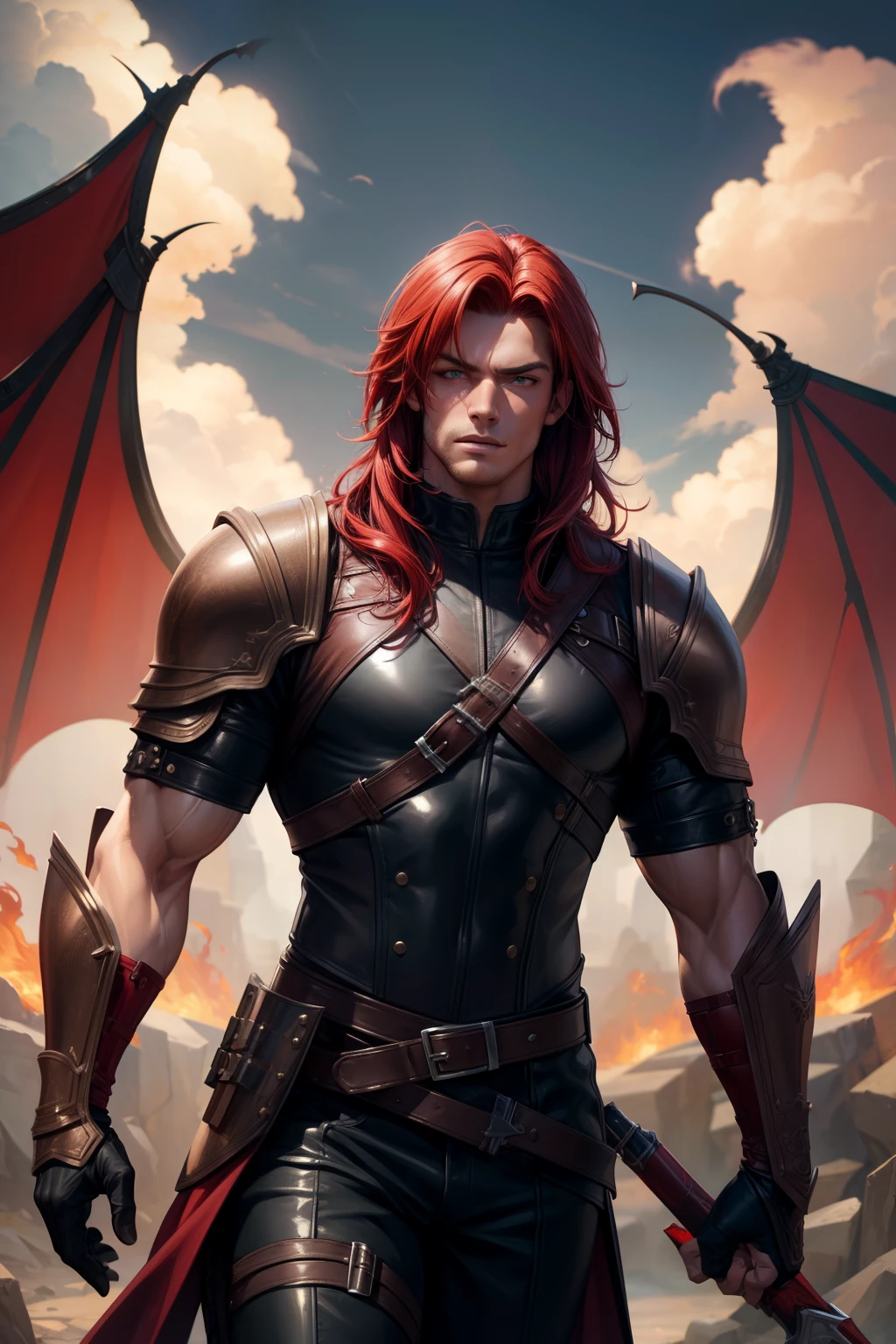 ((masterpiece)), ((best quality)), ((highres)),Rogue,Red Hair,man, handsome, muscular, fantasy, art,magic,leather armor, leather, young man,young, handsome,fire