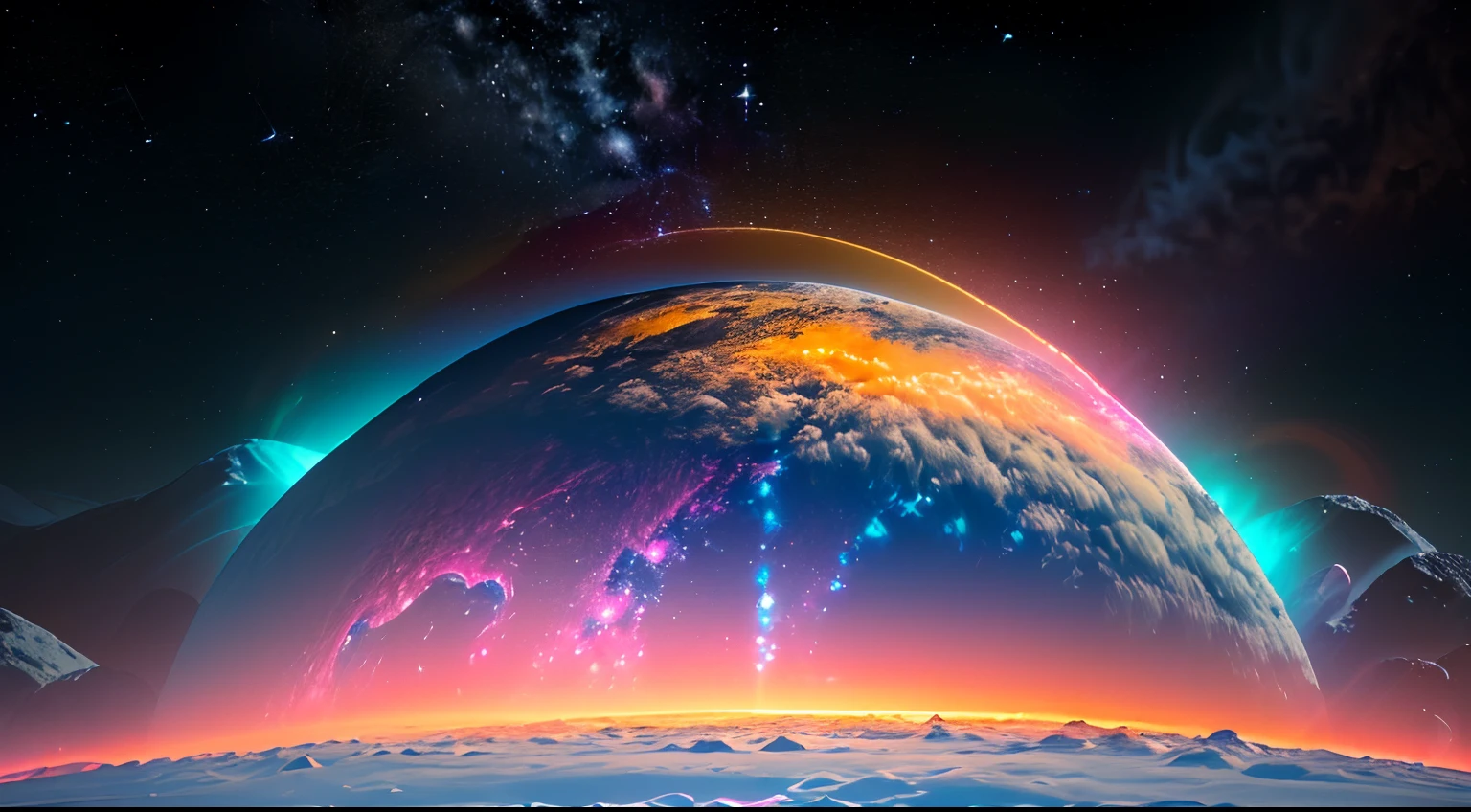 dublex ((((8k)))) HD photo extremely detailed render (((iridescent))) planet, yellow-pink electric snow landscape, some biological features on the planet’s surface are so massive they can been seen from space, cities can be seen from space ((lights)) ((swirling clouds))High Detail, Sharp focus, dramatic, Bewildering