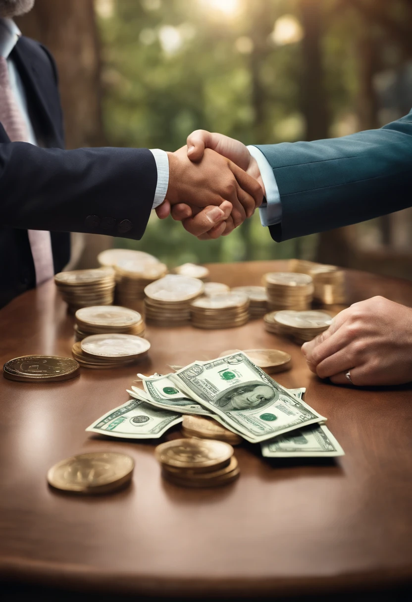Image with two people shaking hands and money on a table and shows people's faces , imagem ultra realistica e