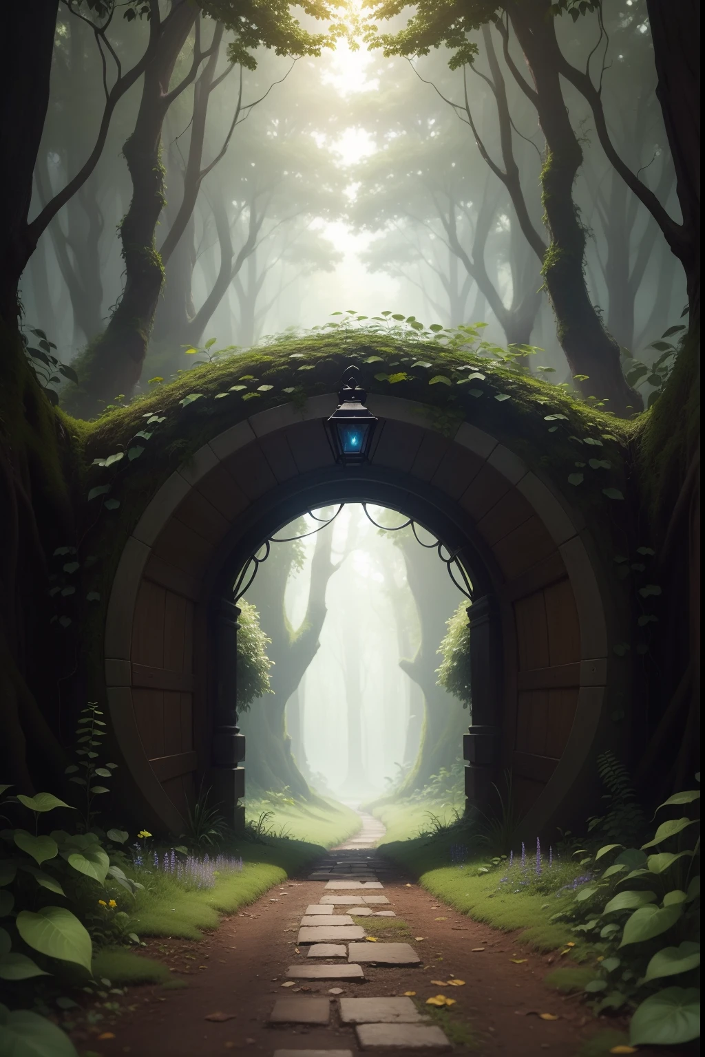 A detailed digital painting of a magical forest portal, feito de madeira, com baixa altura, que uma pessoa passe agachada, not too high, with a hint of the strange and wonderful world beyond. but ground covered by small creeping plants, sem nenhuma estrada de pedras ou escadas, apenas plantas para caminhar. and in the middle of the portal a lighted lamp. Sem humanos