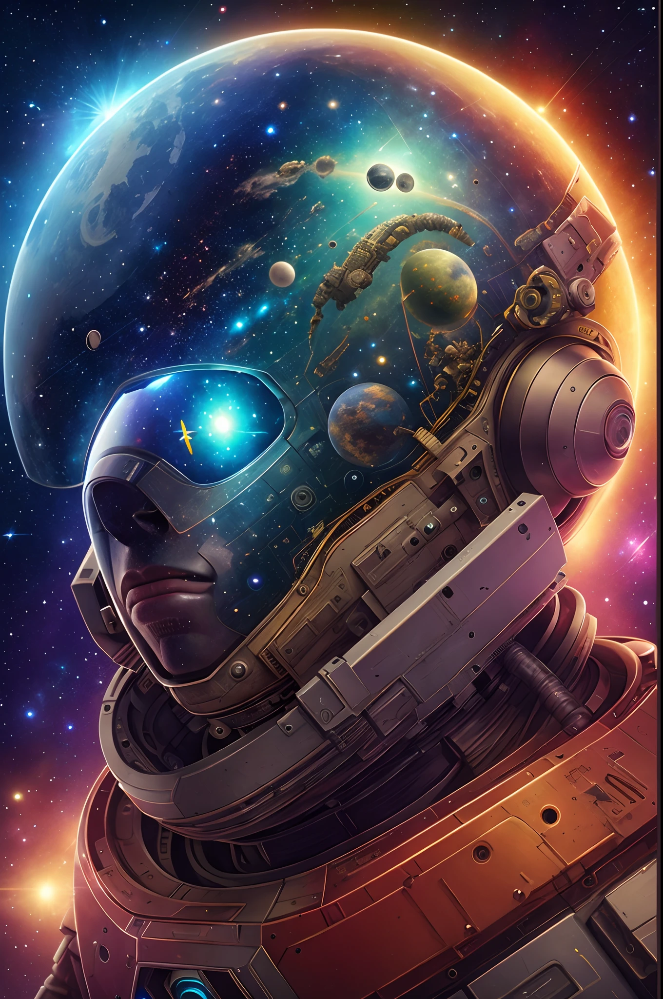 um close up de um homem em um traje espacial com planetas ao fundo, Sci-Fi Digital Art Illustration, Greg Beeple, astronauta detalhado, arte do bipe, sci - fi illustrations, sci-fi illustrations, Obra-prima Beeple, astronauta futurista, stunning digital illustration, arte do bipe, arte sci-fi detalhada, arte sci fi