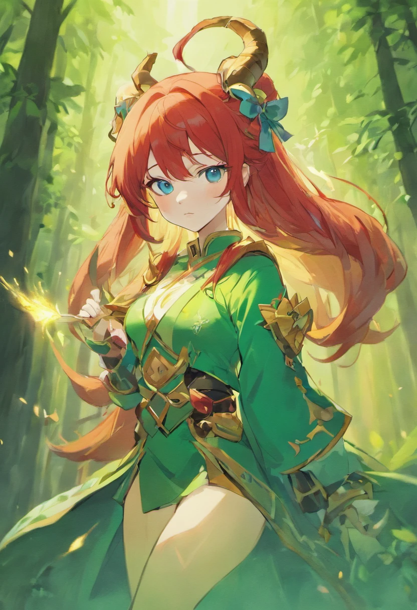 an adult female genshin impact character, long red hair, blue eyes, liyue style, green outfit, dendro vision, nature, horns